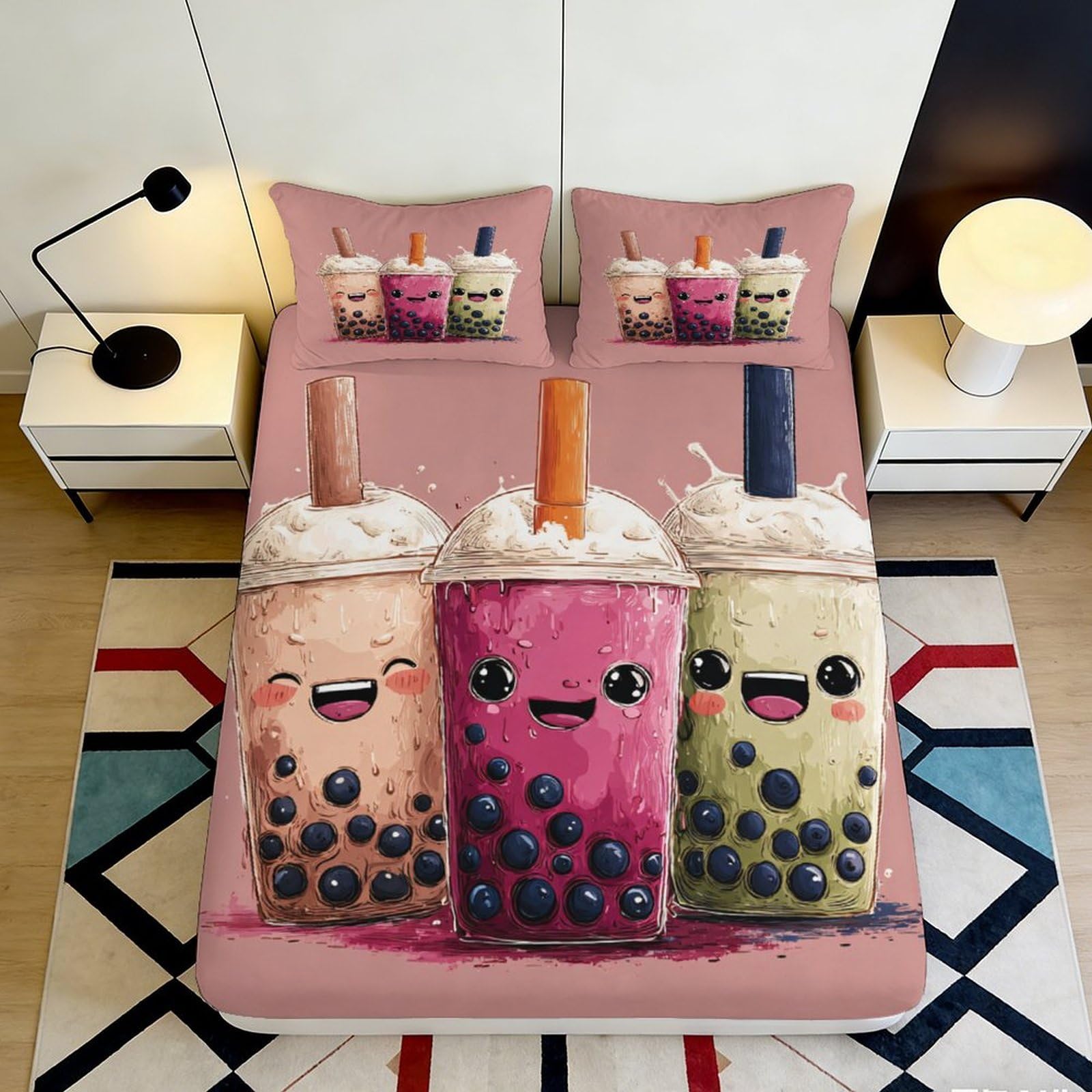 3D Printed Cute Bubble Tea Fitted Sheet Microfiber Soft Cartoon Boba Drink Bed Cover for Bedroom Dorm Mattress Decor 90x200x25cm