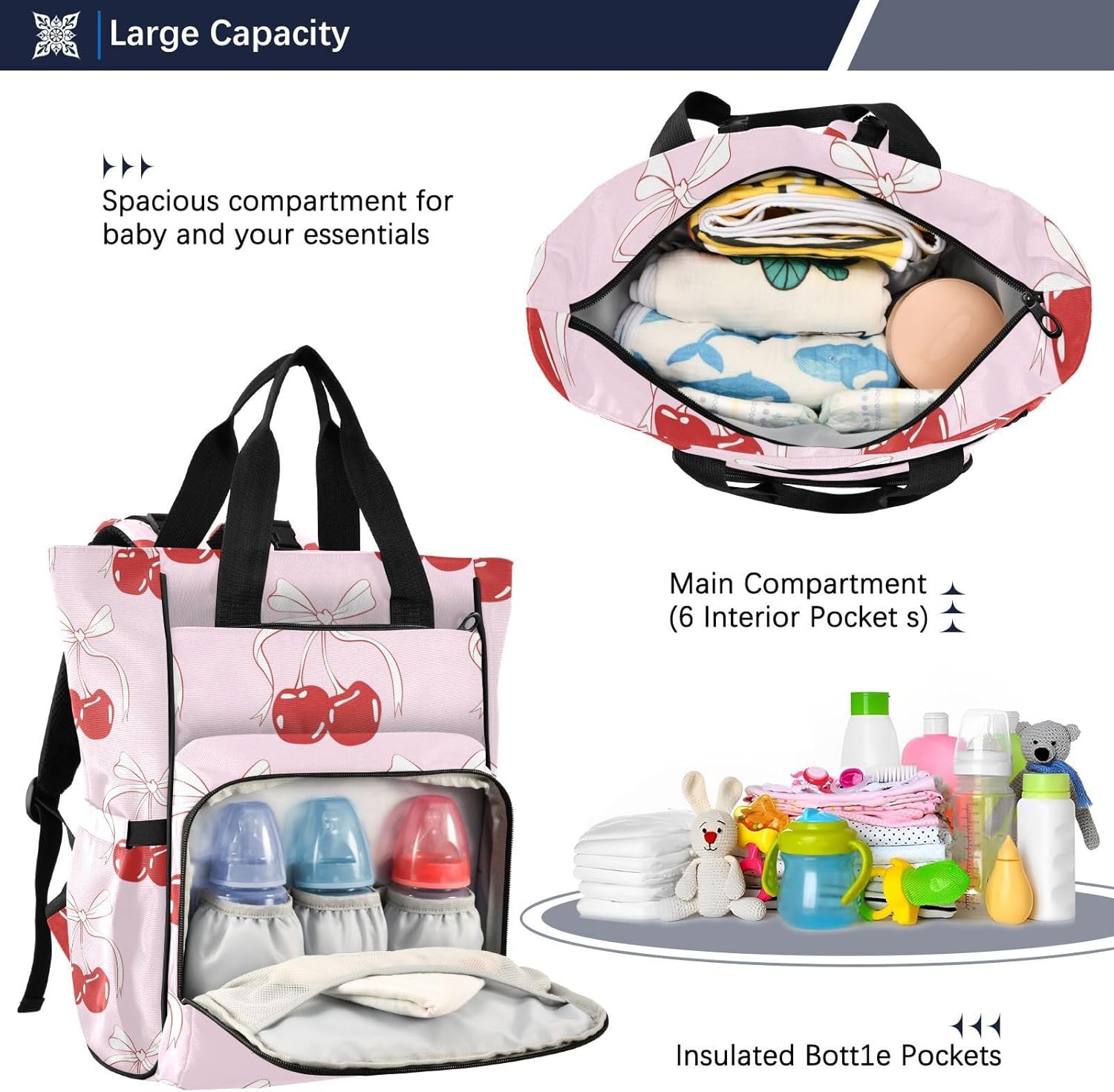 OTVEE Cherry Bow Tie Ribbon Diaper Bags Backpack for Mom Dad, Multi-functional Diaper Nappy Bag Travel Back Pack,Waterproof Maternity Changing Bag Baby Stuff