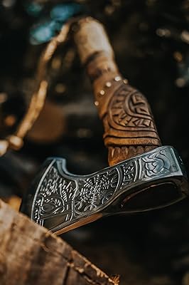 Hache Viking Double Tête – Fait Main – Acier Carbone – Fourreau Cuir – Gravures