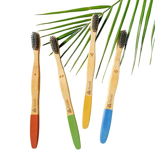 Rusabl Organic Bamboo Toothbrush for Adults (Multicolour, Pack of 4) Manual, Charcoal Activated Soft Bristles, Identification Marks, Anti- Fungal Wax Coating on Handle, Biodegradable, Anti-Bacterial