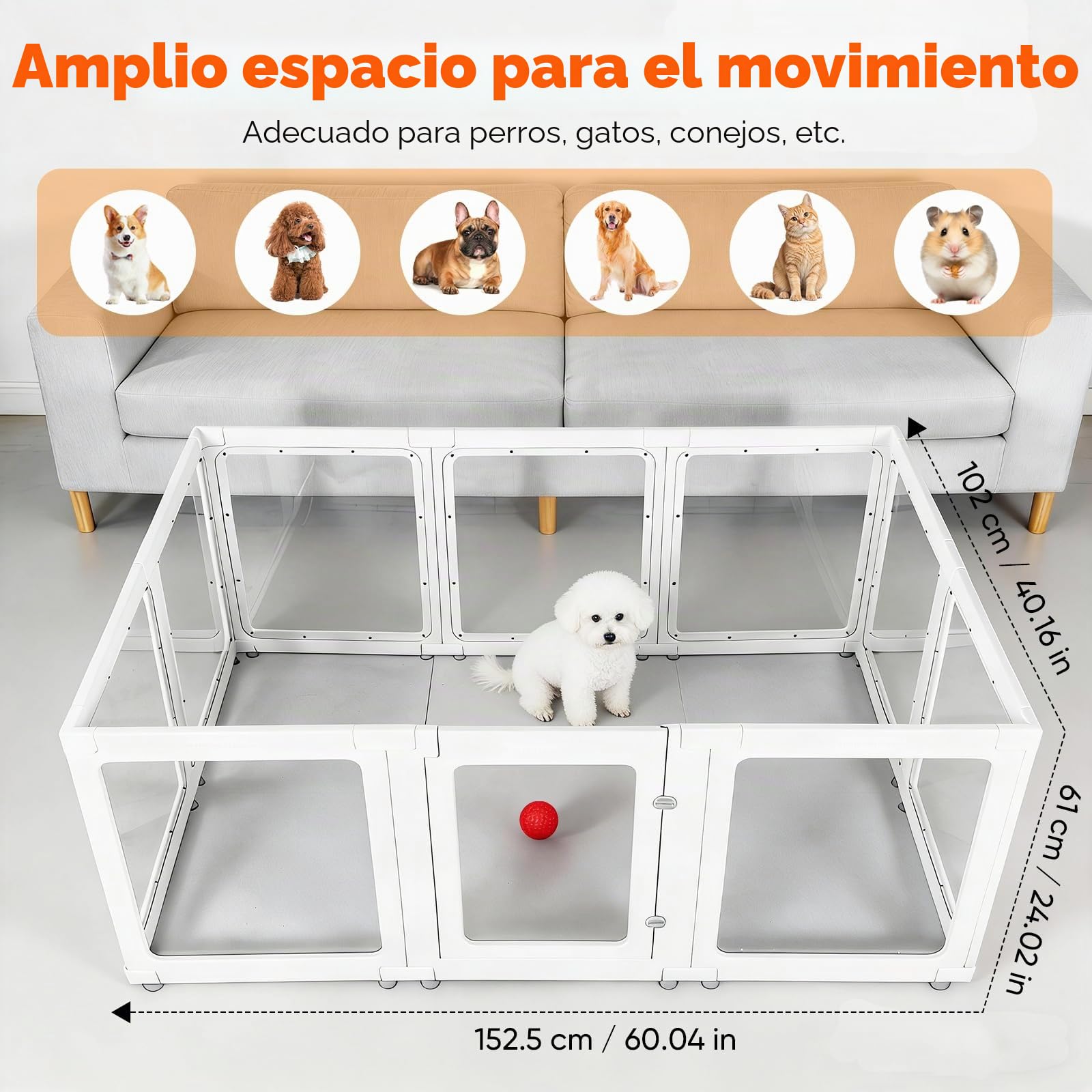 Parque para Perros de acrílico,10 Paneles bolígrafo de fácil Montaje,60cm Vallas para Perros para Interior y Exterior con Puerta con Cerradura,Cerca del Corral para Mascota 152 * 102 * 61CM