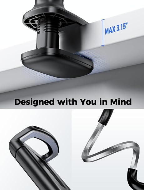 Gooseneck Tablet Stand, gliship for Kindle Holder for Bed, for iPad Holder for Bed Desk, Phone Holder with Flexible Arm & Clamp Compatible with iPad iPhone Kindle Paperwhite Accessories 4-12.9, Black