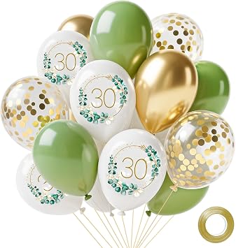 Yiran Green and White Balloons for 30 Years, 12inch Latex Confetti Number 30 Balloons, 14Pcs Birthday Anniversary Party Deocorations Supplies