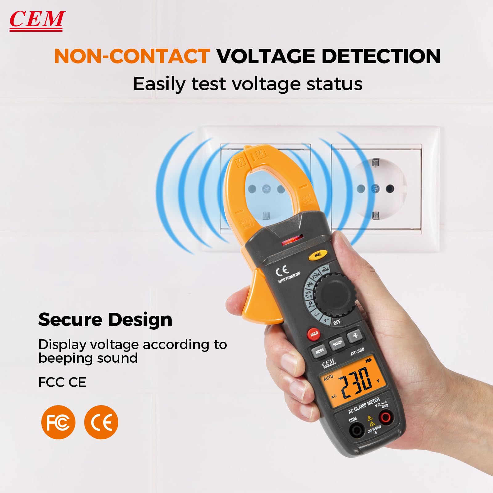 CEM Digital Clamp Meter with O-Shaped Jaw, Auto-ranging Voltage Tester with Flashlight Backlight, Clamp Multimeter for Measuring AC/DC Voltage AC Current Temperature Continuity Diode NCV DT-380 — Amazon image 2