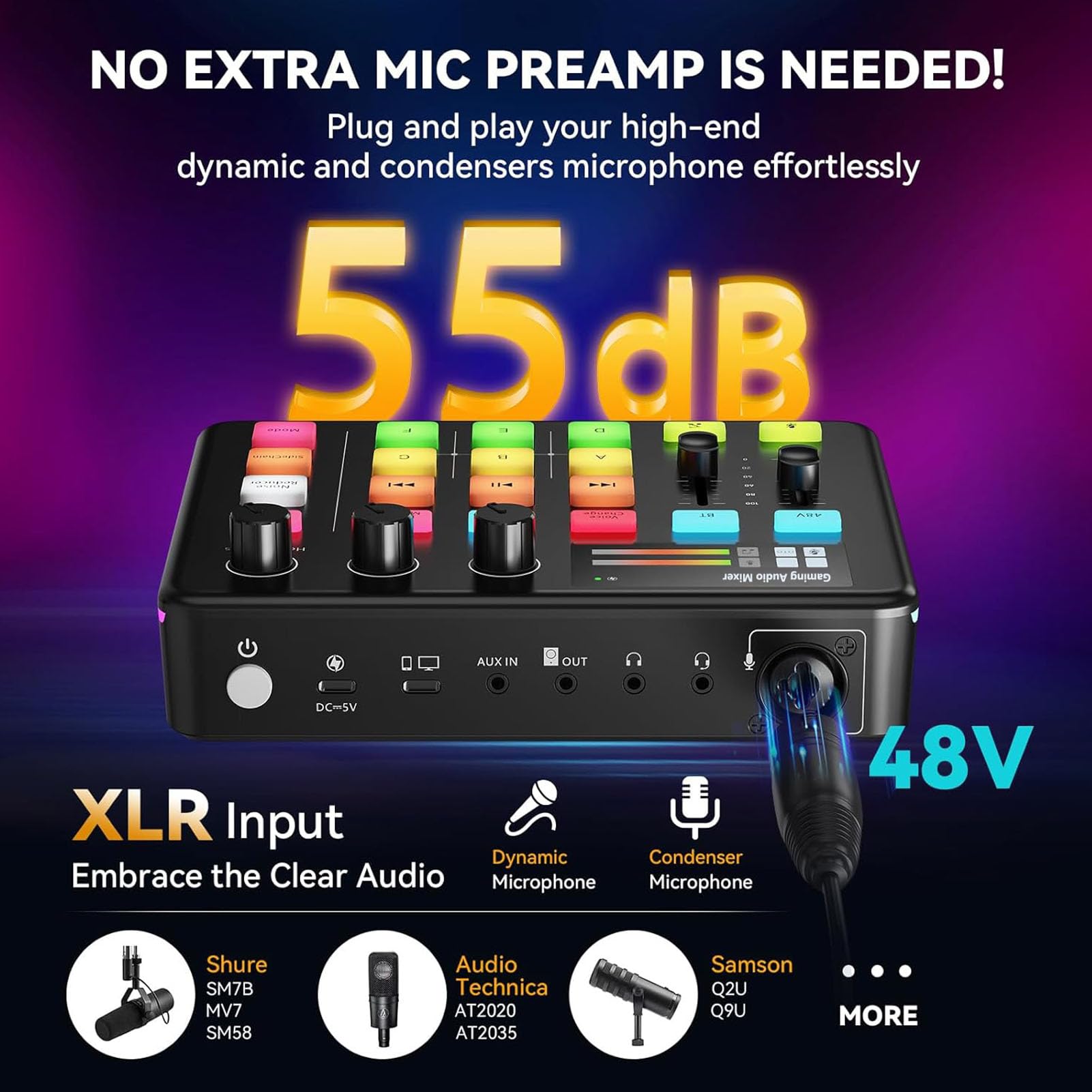 Annadue RGB Gaming Sound Mixer, Bluetooth 5.0 Live Sound Card con 13 Botones de Efectos, Mezclador de Audio USB Tipo C para Transmisión, Podcasting, PC.