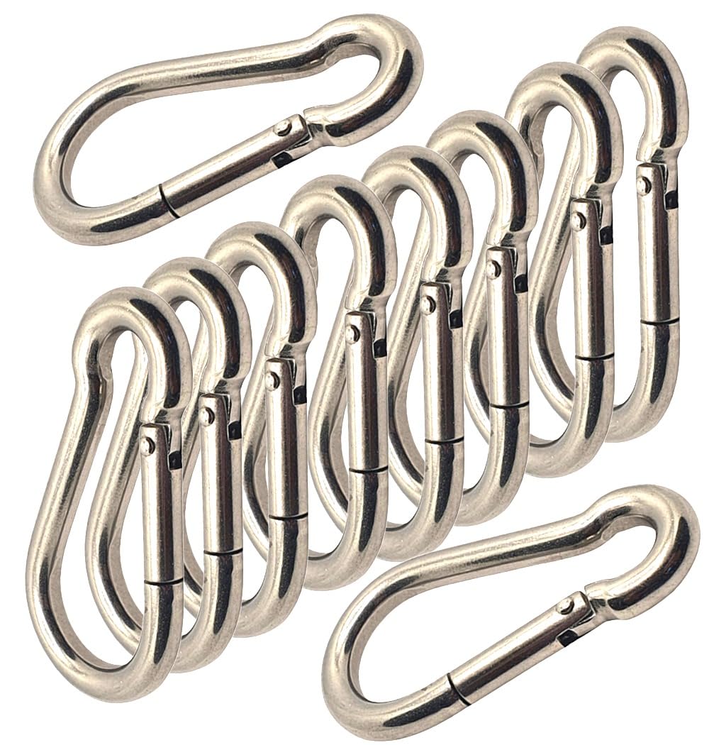Spring Snap Hook 316 Marine Grade Stainless Steel Carabiner Clip – Heavy Duty Locking Snap for Camping, Fishing, Hiking, Traveling, Home & Outdoor Use – Rust Resistant (M8 x 80mm - 10PCS)