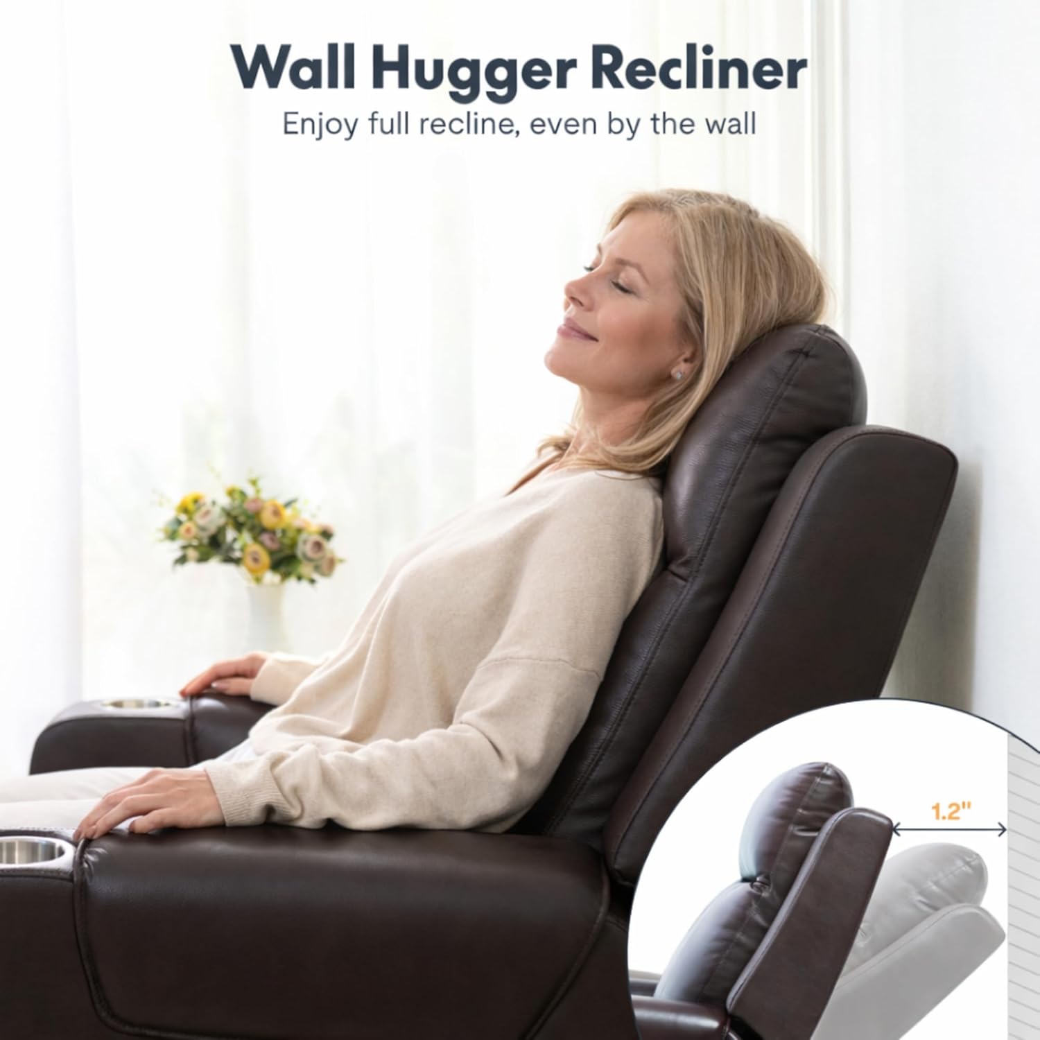 FLEXISPOT Truffle Genuine Leather Power Recliner w/ 1.2" Wall-Hugger Clearance, Electric Zero-Wall RV Recliner w/Adjustable Headrest, Massage & Heat, Home Theater Sofa, FSC-Certified, Chocolate