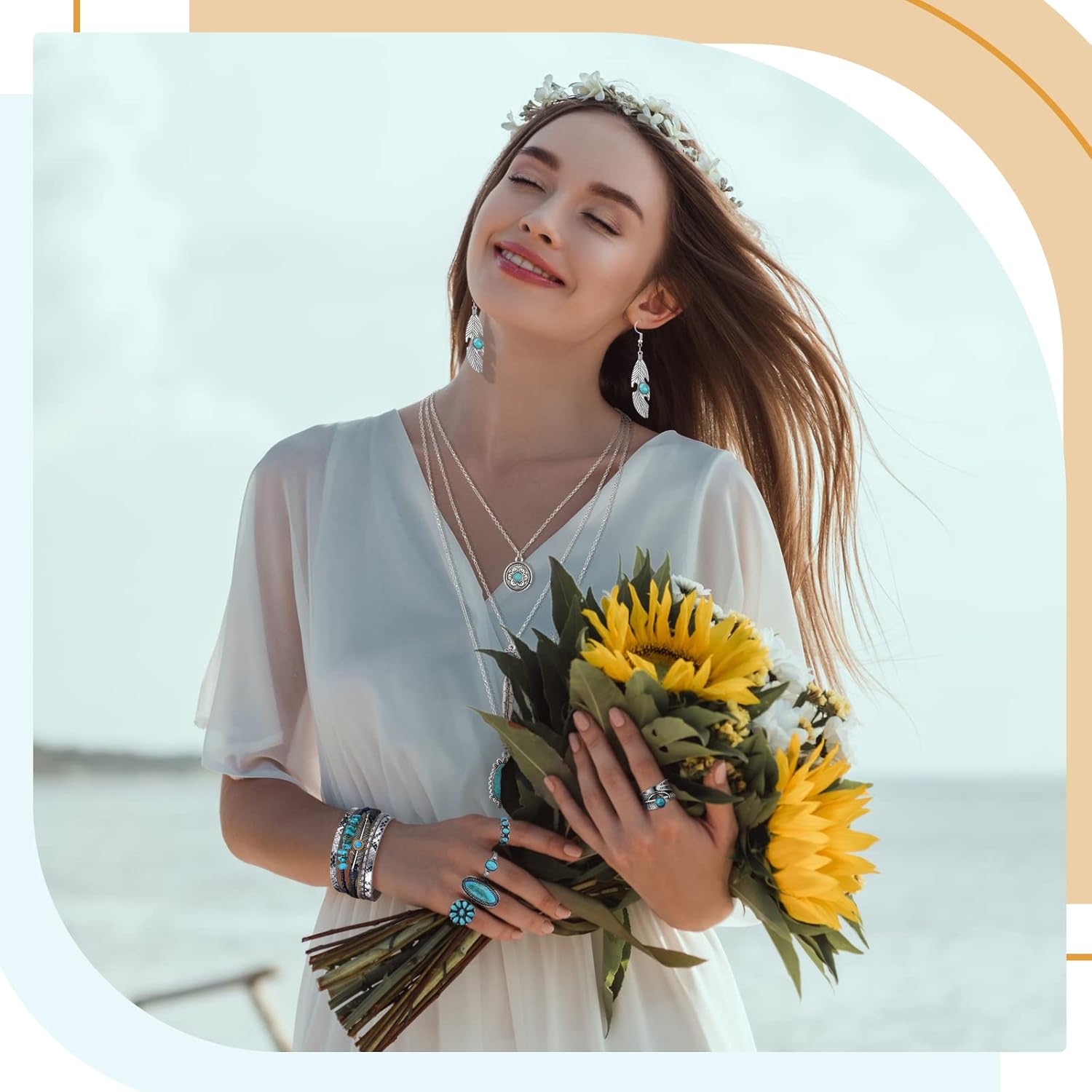 Geyoga 9 Pcs Western Jewelry For Women Bohemian Turquoise Jewelry Set Turquoise Necklace Dangle Earrings Rings Waist Chain Western Bracelets for Women Holiday Gift - Image 4