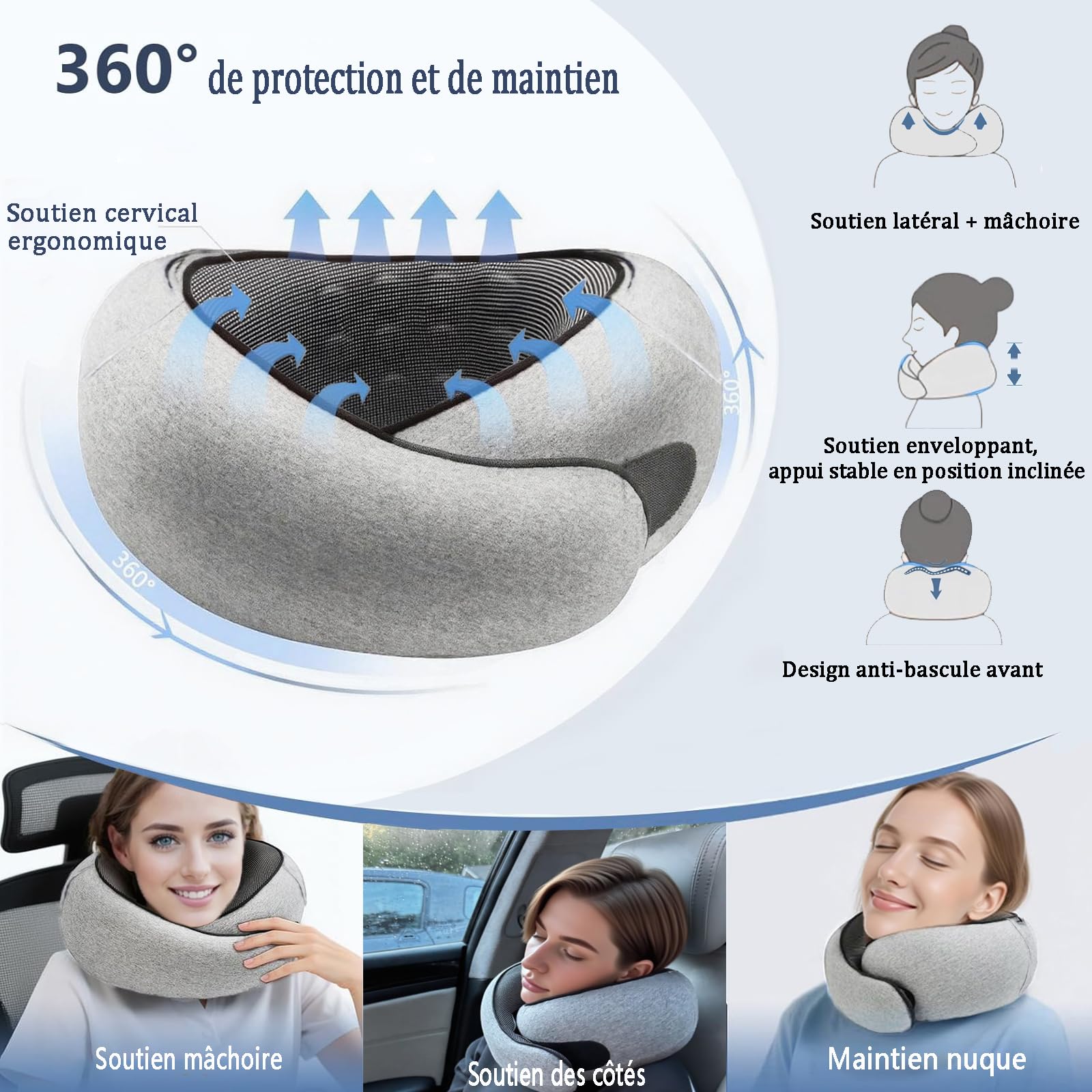 Oreiller de Voyage, Coussin de Nuque pour Avion avec Capuche, Support en Mousse à mémoire de Forme à 360 °, Housse Lavable pour Voiture, Train et Bureau (Gris)