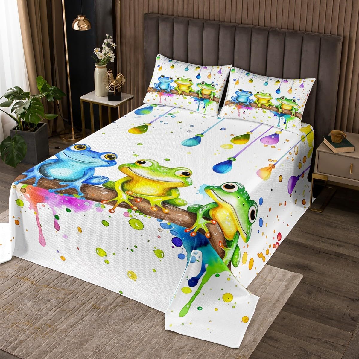 Erosebridal Kids Frog King Quilt Set Cartoon Animal Coverlet Set, Watercolor Graffiti Bedding Set Cute Kawaii Wildlife Bedspread Set, Brown Branches Bed Quilt Child Bedroom Decor