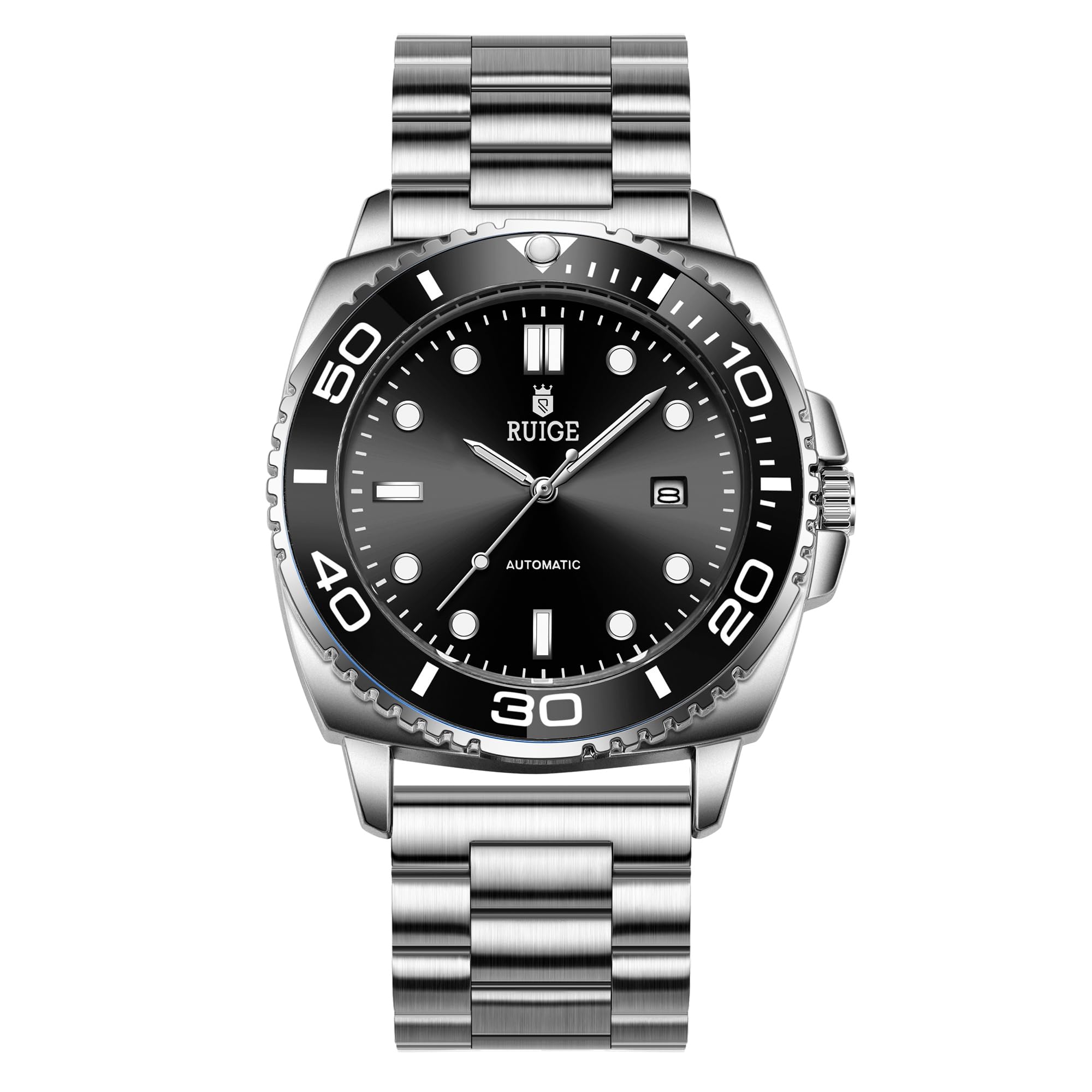RUIGE Orologio meccanico completamente automatico da uomo, con calendario in acciaio inox, lunetta girevole, alla moda, alla moda, luce notturna, impermeabile, A8-2