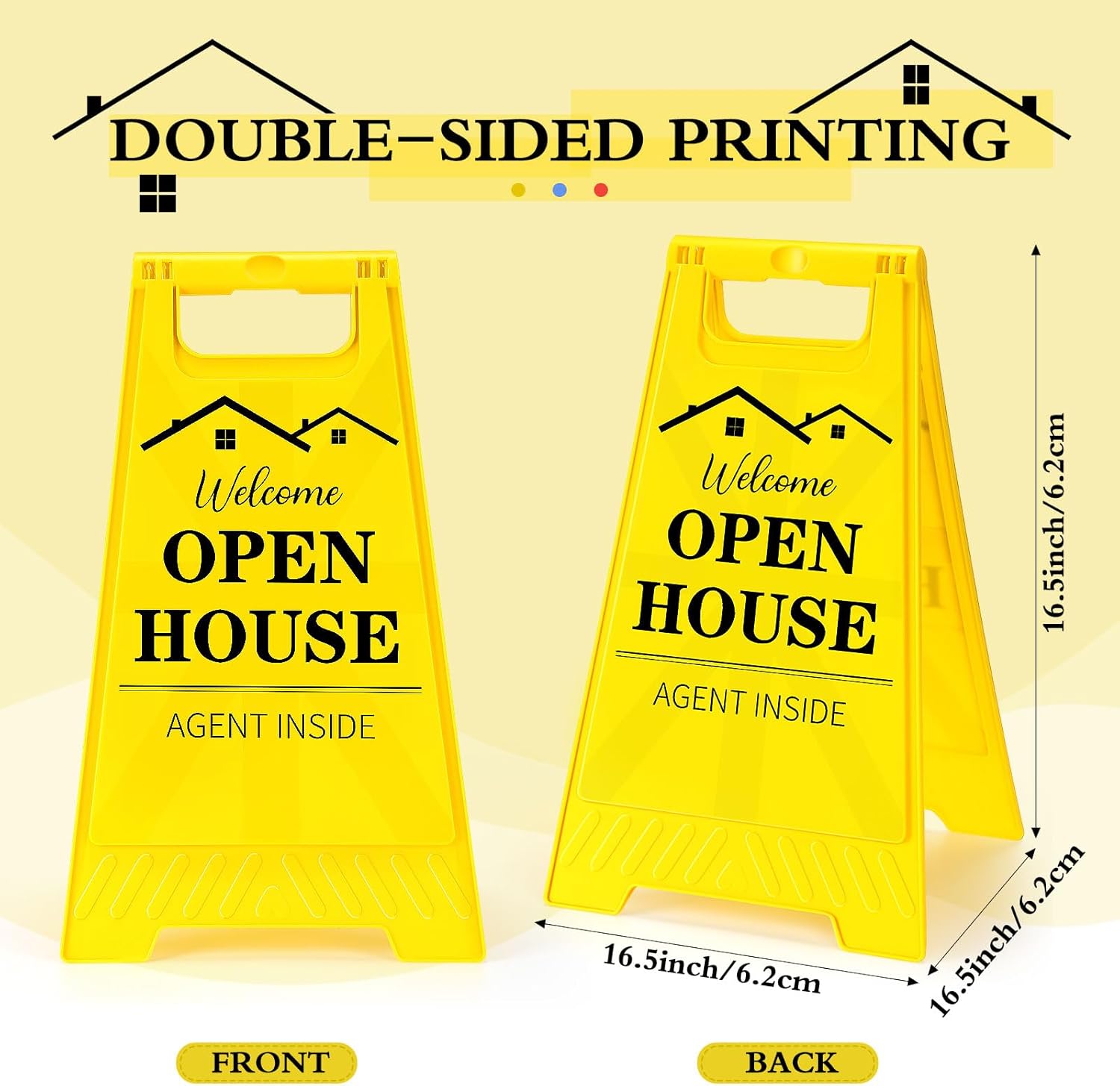 4 Pack Open House Signs for Real Estate, 17.5" Height, Bright Yellow Double Sided Real Estate Flag A-shaped, Property Yard Sale Posters Directional Arrows for Agent Supplies