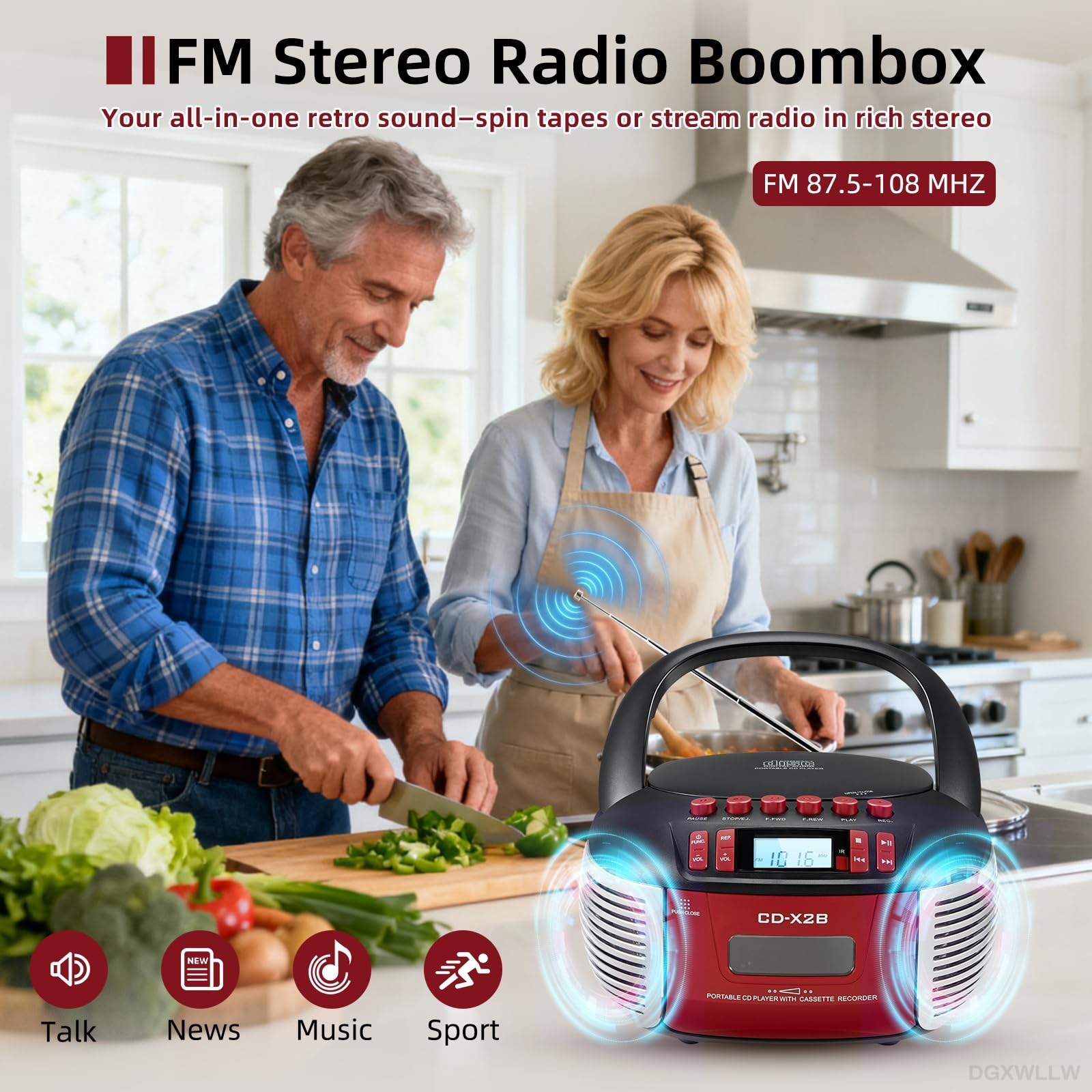 Boombox odtwarzacz kasetowy CD z radiem AM FM, Bluetooth, odtwarzanie płyt CD, pilot zdalnego sterowania, port USB, wejście AUX i gniazdo słuchawkowe, nagrywanie taśmowe, dźwięk stereo