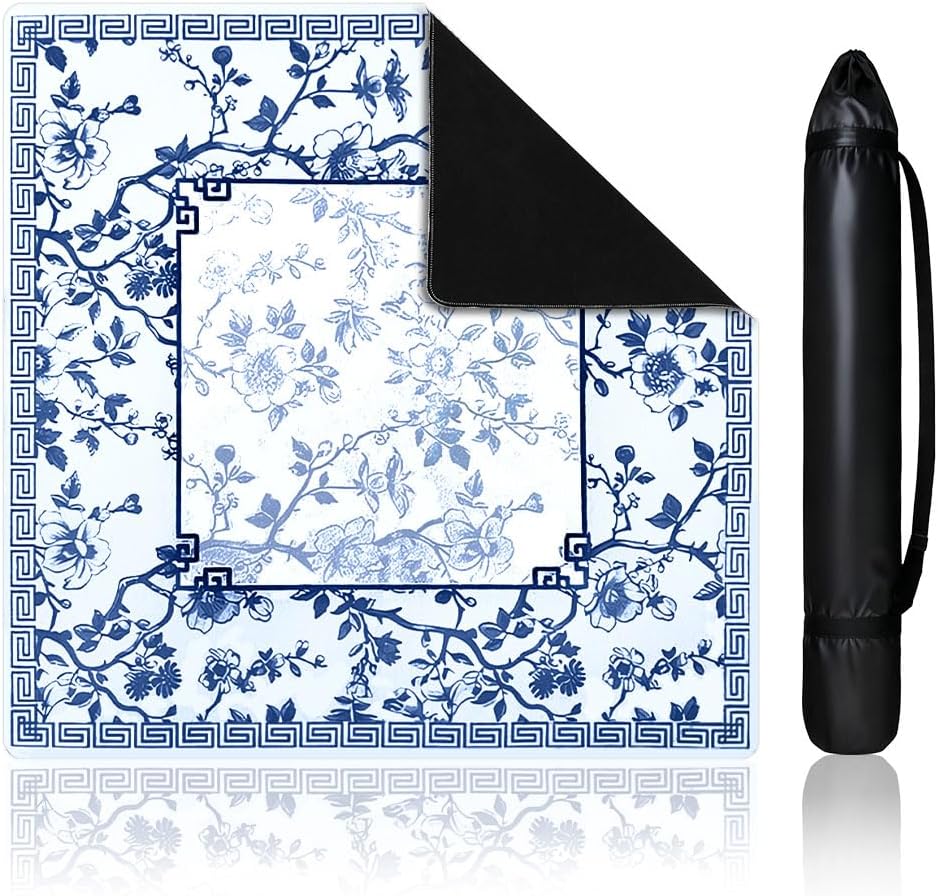 Chinoiserie Mahjong Mat for Table with Black Carrying Bag, Anti-Slip, Noise-Reducing Table Cover for Mahjong Poker Board Games Dominoes Card Games 31.5" x 31.5" (Light Blue)