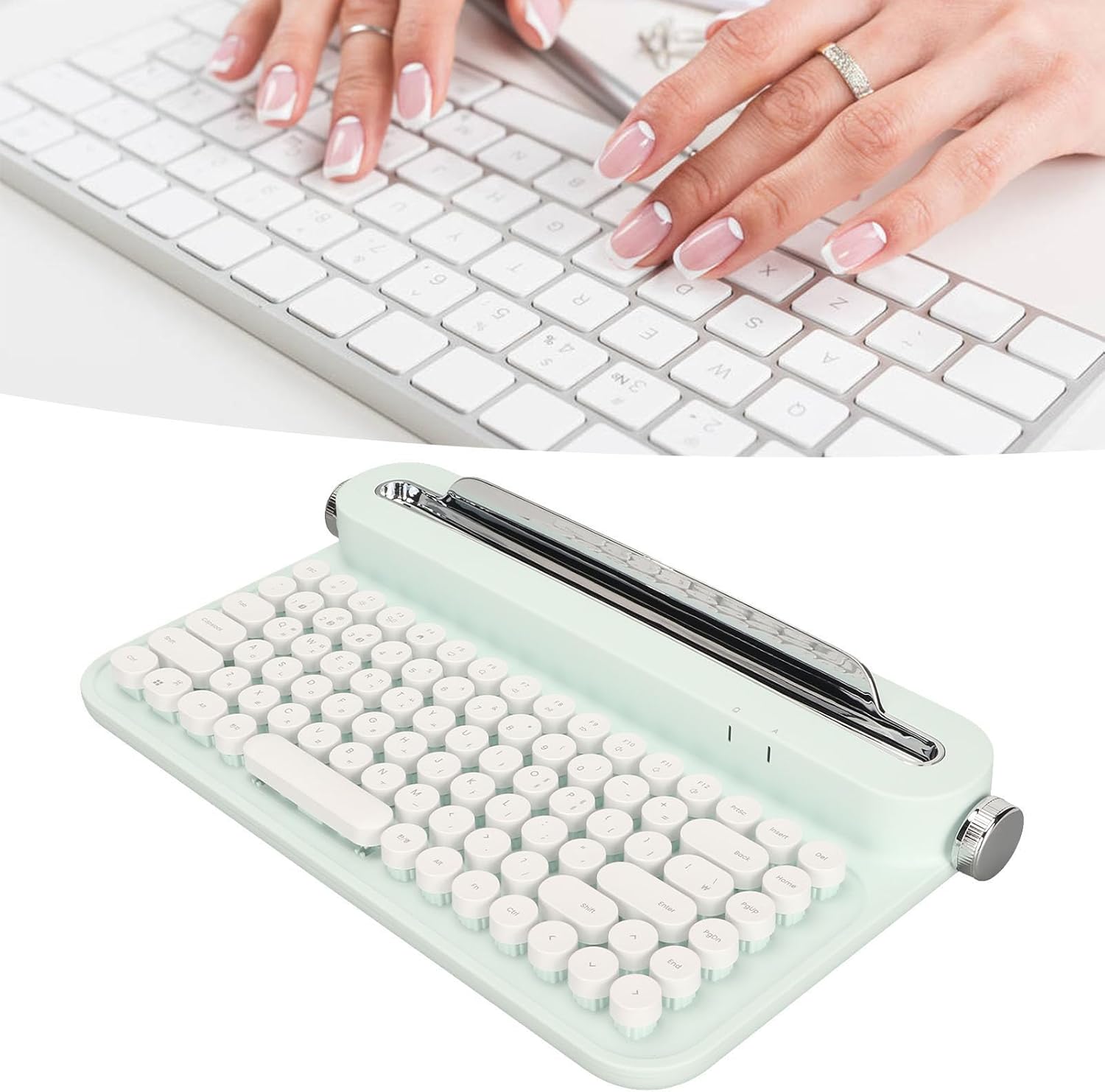 86 Keys Wireless Typewriter Keyboard, Retro Keyboard with Integrated Stand, Bluetooths Keyboard with Cute Round Keycaps for Multi Device for PC (Mint Green)