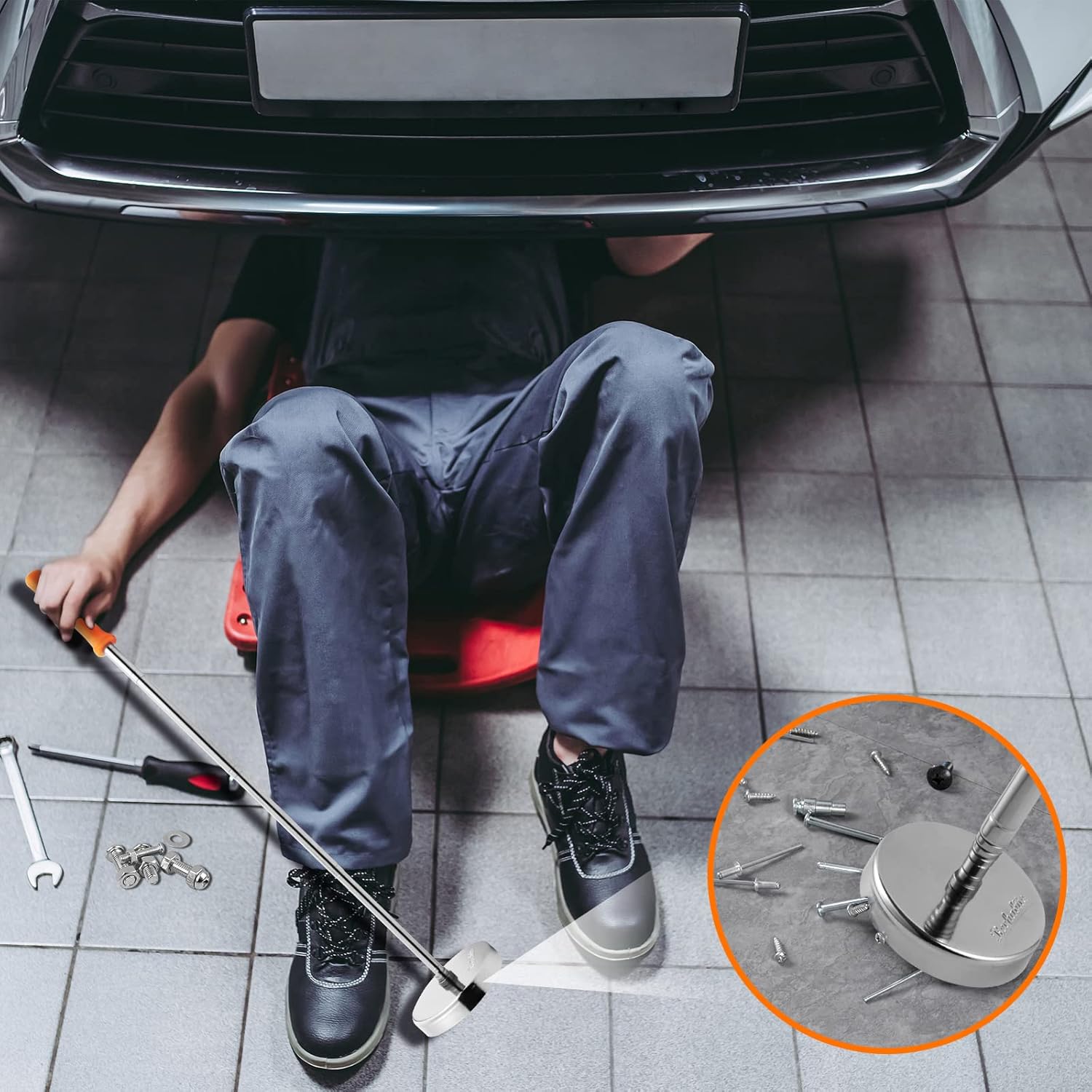 Rechabite Magnetic Sweeper Telescoping Pick-up Tool, Thickened Pole, 35LB Magnet Stick Screws Parts Finder, Pickup Nails, Screws, and Metal Picker, Orange Handle - 