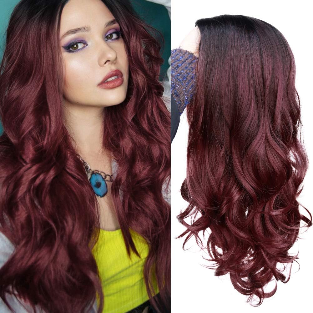 Ombre Wig Long Wavy Synthetic Wigs Middle Part 2 Tones Ombre Black to Red Natural Looking Party Cosplay Full Wigs for Women