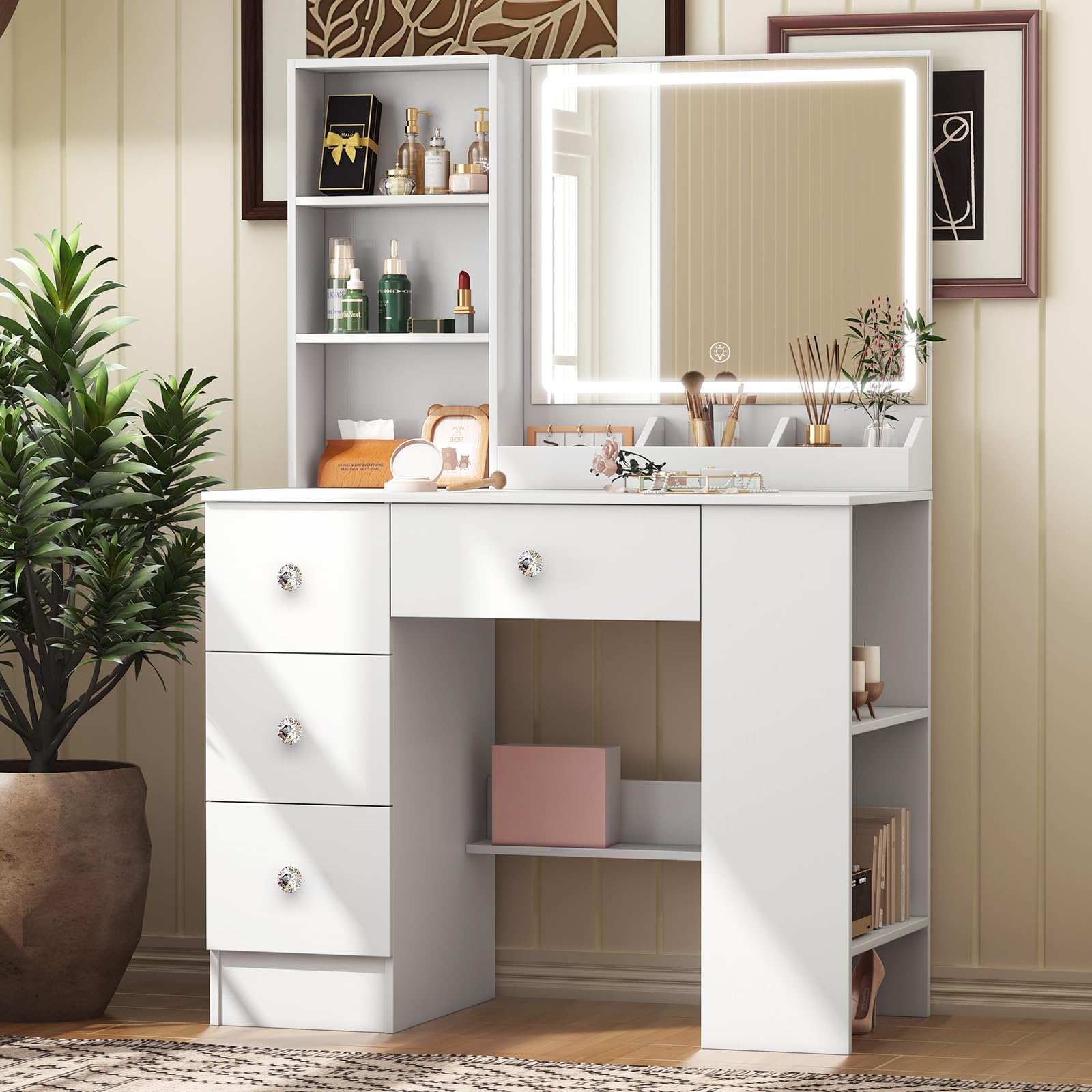 ANCOLOV White Dressing Table with LED Mirror & Side Cabinet, 3 Color Light Vanity Table Makeup Desk & Nightstand 2-in-1, Bedroom Make UpTable with 4 Left Drawers & 6 Storage Shelves, Diamond Handles