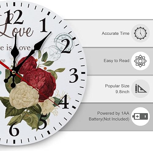 Miniatura 3 de Country Retro Red Roses Flower Wall Clocks Silent Non Ticking Wooden Clock Battery Operated Round Decor for Kitchen Livingroom Bedroom 12 Inch