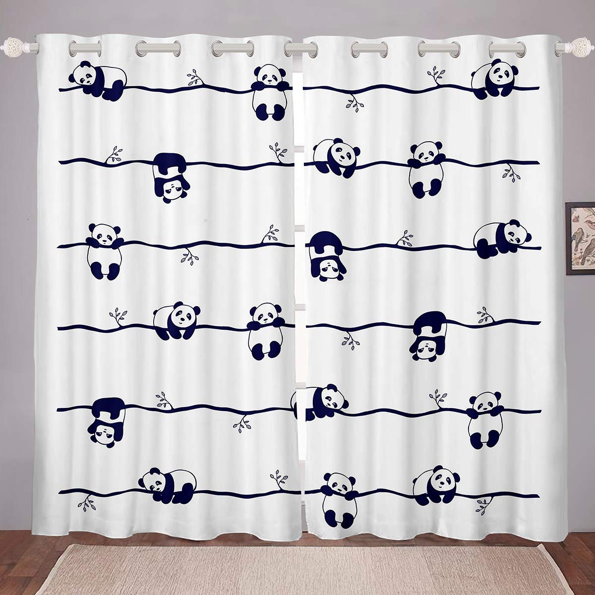 Loussiesd Panda Blackout Drapes Cute Animal Pattern Window Curtain Panels Cartoon Panda Bear Printed Window Drapes for Boys Girls Kids Room Decor Tree Branches Stripe Curtains W66*L72