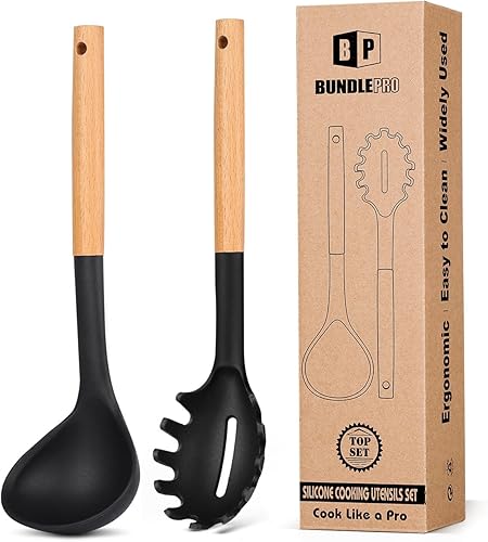 Juego de tenedor y cucharón de silicona para pasta con mango de madera, utensilios de cocina antiadherentes resistentes al calor para cocinar,