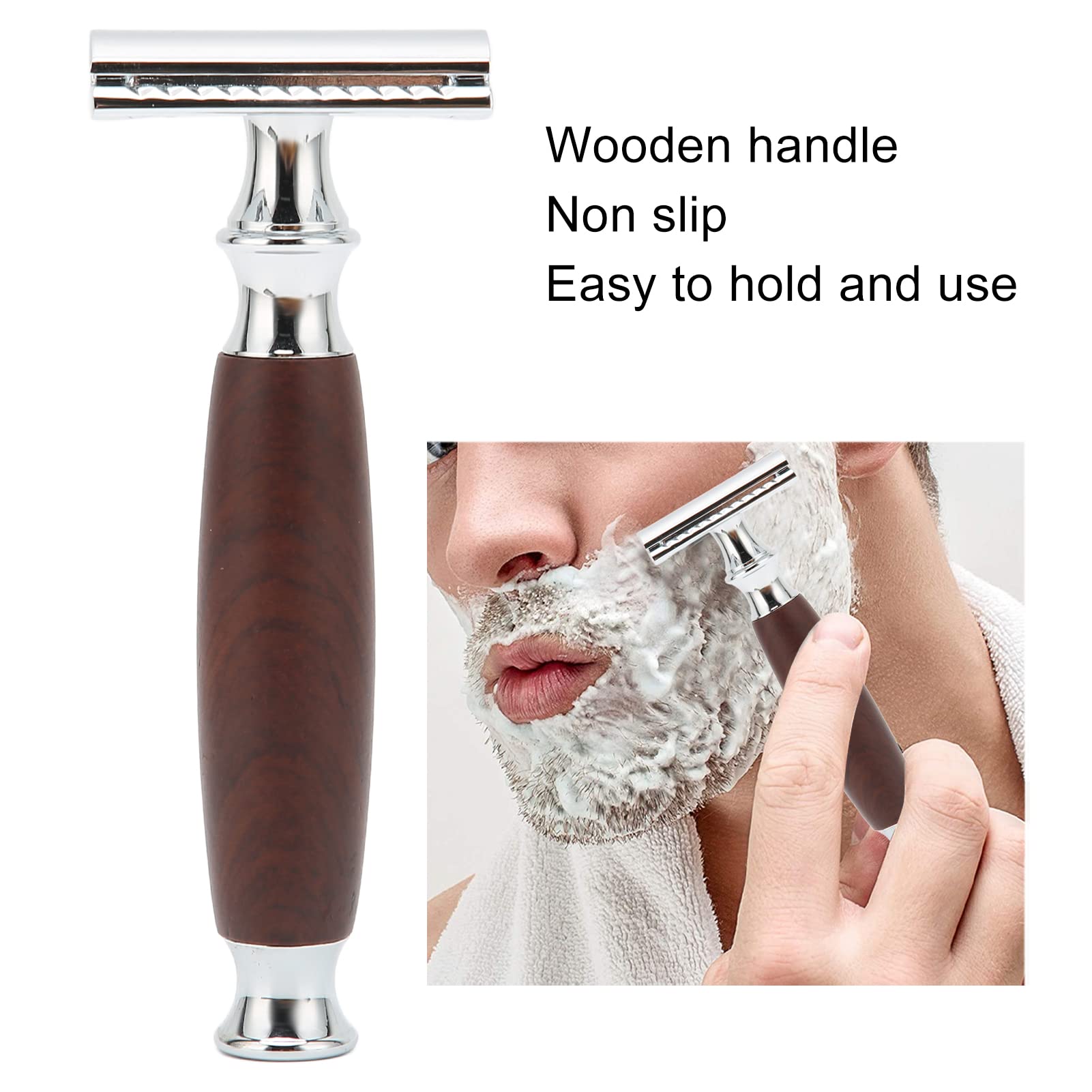 Doppelkanten-Sicherheitsrasierer für Männer, Ergonomischer Manueller Rasierer mit Holzgriff, Sanfte und Gründliche Rasur für zu Hause und auf Reisen, Zinklegierungsmaterial
