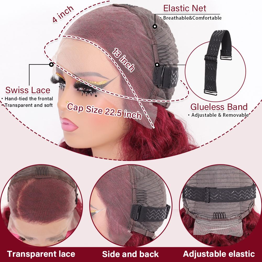 Hihmarm 99j Burgundy Lace Front Wigs Human Hair 13x4 HD Lace Front Body Wave Wigs Human hair Red Colored Glueless Wig Lace Frontal Wigs Human Hair Pre Plucked Natural Hairline 16 Inch 180% Density