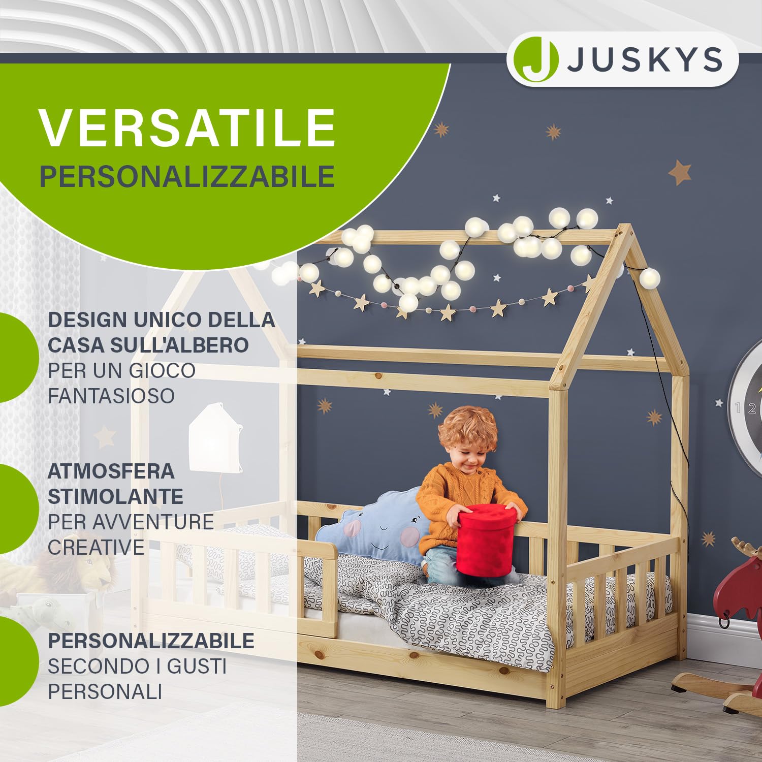Juskys letto per bambini Marli da 80x160 cm con protezione anticaduta, rete a doghe e tetto - Letto a casetta in legno massiccio per bambini - Colore naturale