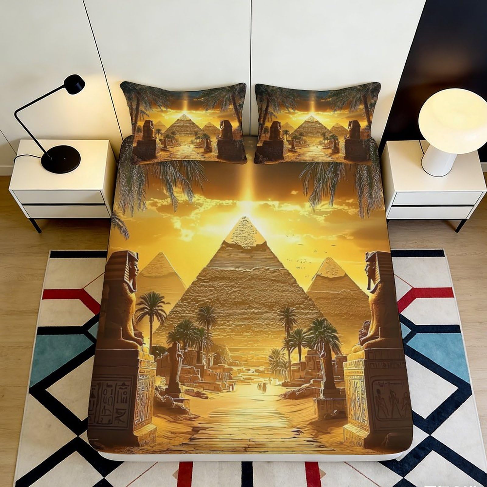 Pnayamiorkfel Style-5 3D Printed Egyptian Pyramid Fitted Sheet Microfiber Golden Sunset Sphinx Mattress Cover For Bedroom Guest Room Decor 90X200x25cm