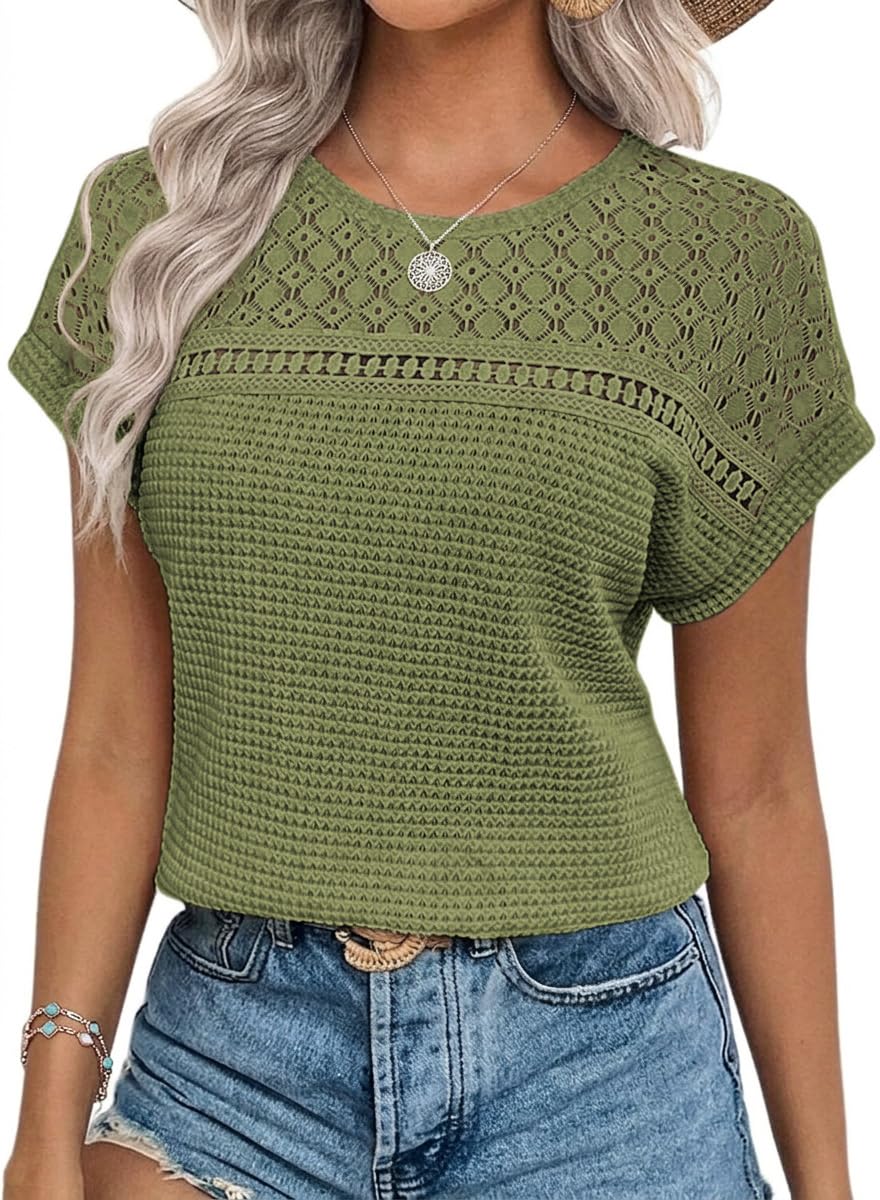 Chicrise Blouse Women's Elegant Short Sleeve Lace Tops Crochet Crew Neck T-Shirt Summer, grass green, XL