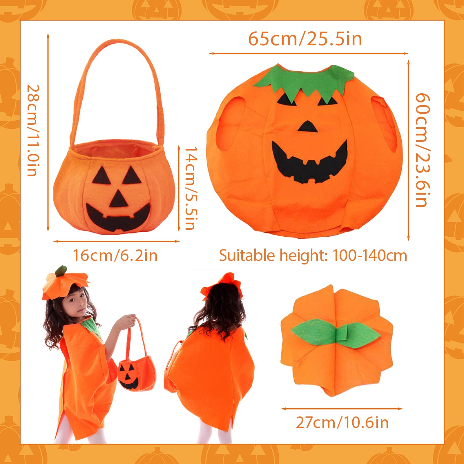AYNKH Unisex Fancy Dress Pumpkin Outfit Clothes, Pumpkin Outfit with Candy Bag Hat - Image 2