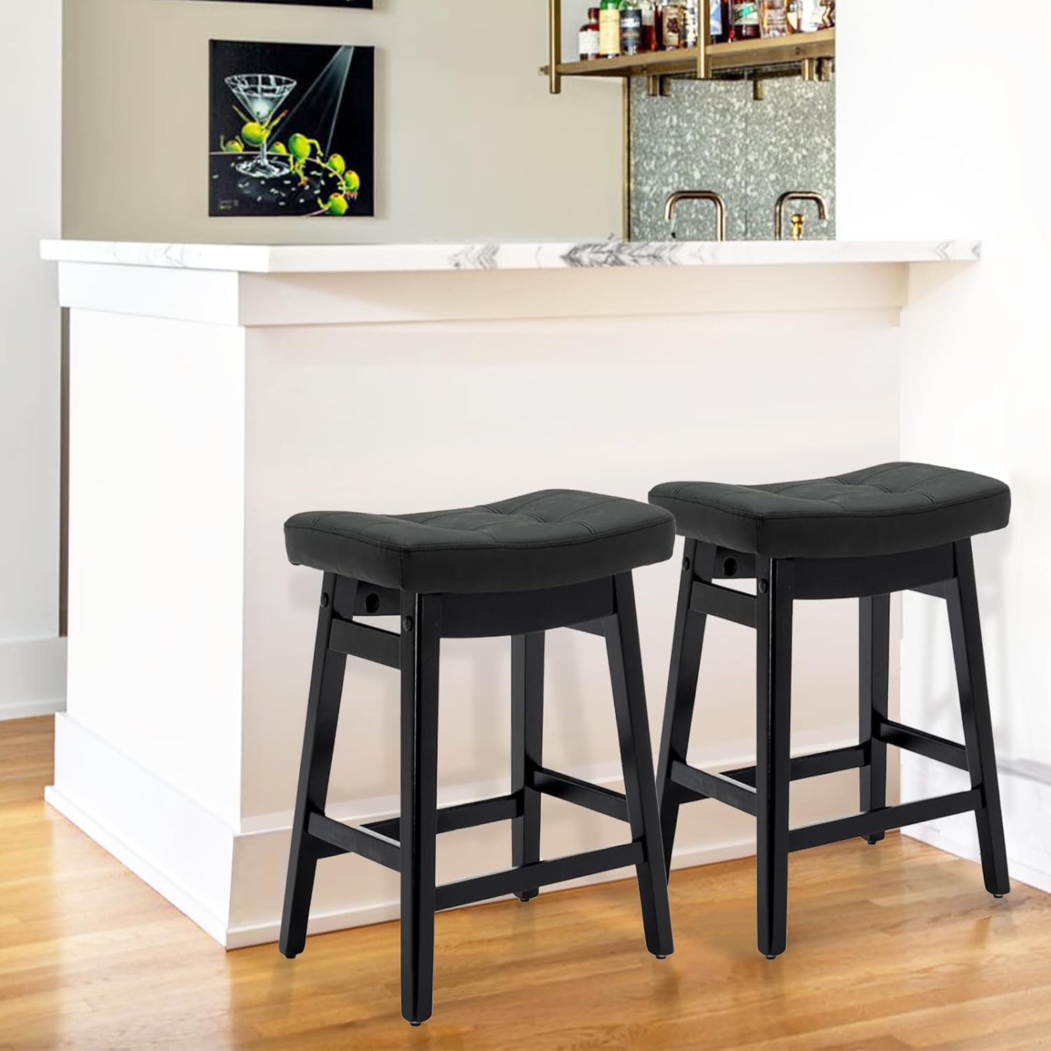 MOLENE Counter Stools Set of 2, Bar Stools With Solid Wood Legs PU Leather Saddle Seats for 34"-40" Island, Upholstered Kitchen Farmhouse Stools, 24 Inch Height