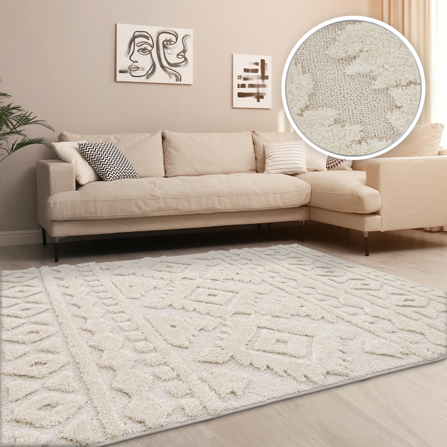 Tappeto Salotto Beige 80x150 Cm | Stile Scandinavo Boho | Pelo Corto E Facile Da Pulire - Foto 3