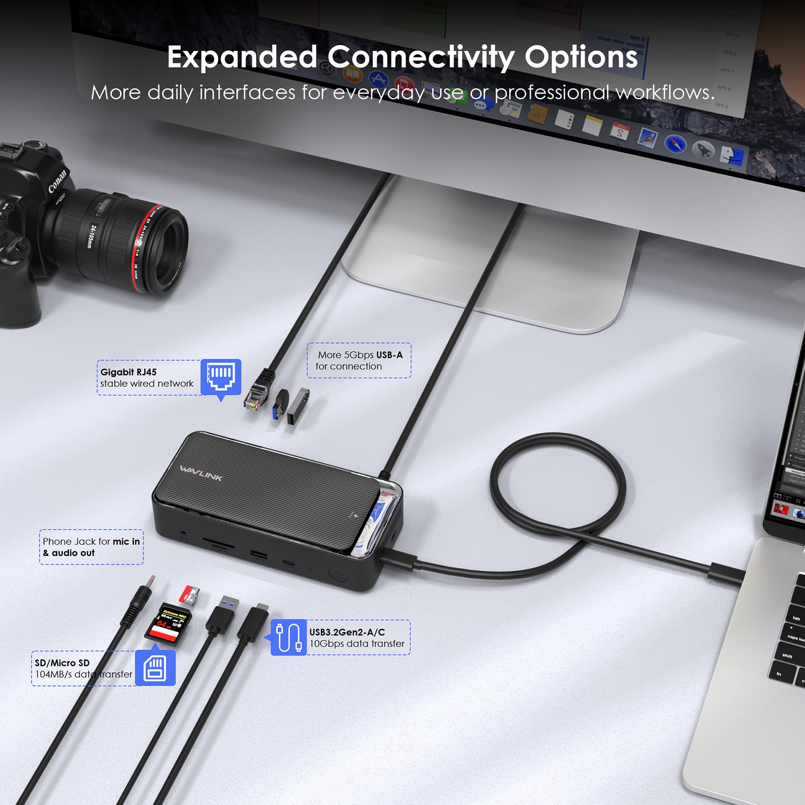 WAVLINK USB C Triple Display Dock, 13-in-1 Typ C 10Gbps Hub mit M.2 PCIe/SATA SSD-Gehäuse, unterstützt 100W PD, 4K@60Hz HDMI/DP, USB C/USB-A Gen 3.2/3.1, SD/TF, Gigabit RJ45