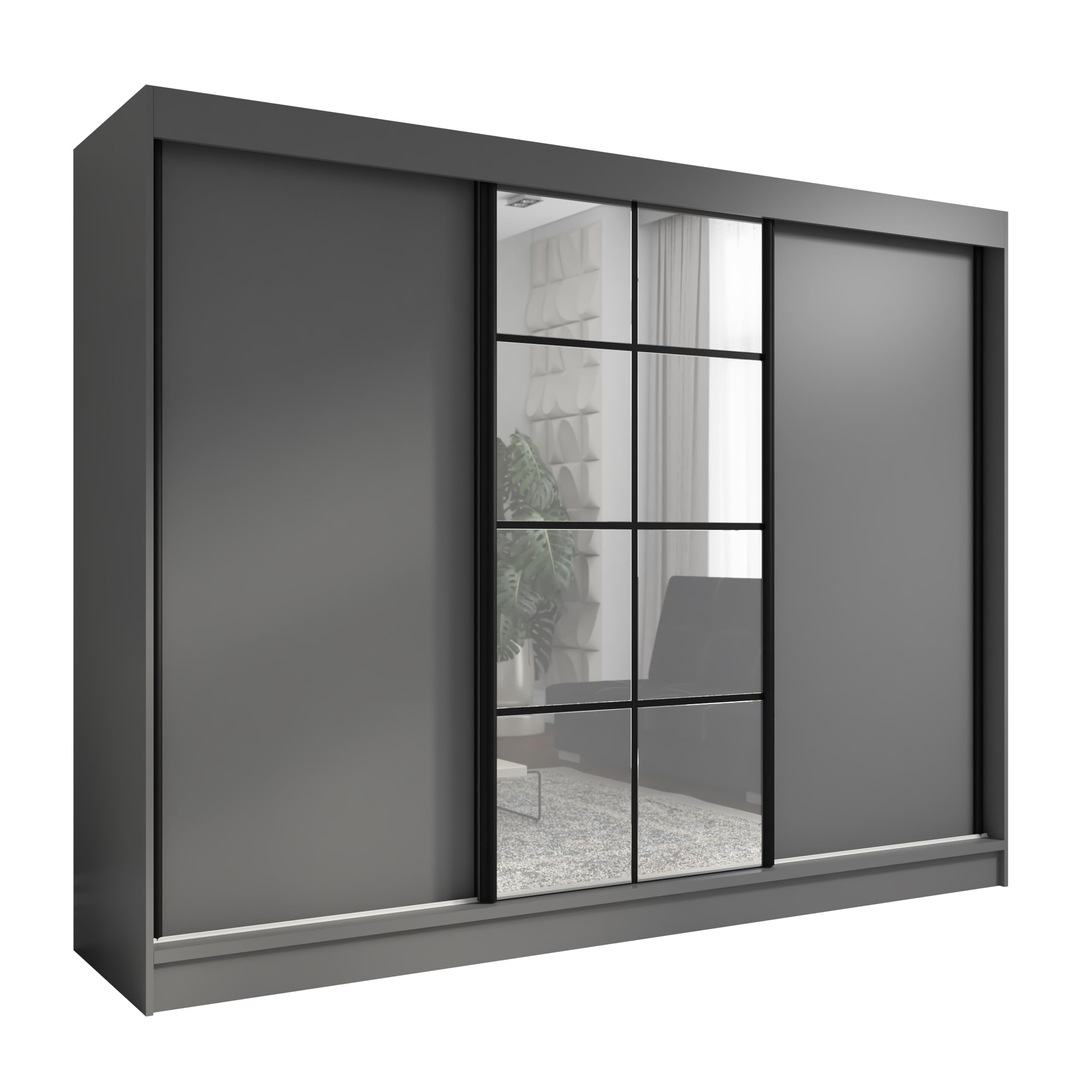 A&J MöbelLand Schwebetürenschrank ORAVELLE Kleiderschrank 3-türig mit Schubladen und Spiegel Garderobenschrank 200 cm (Graphit)