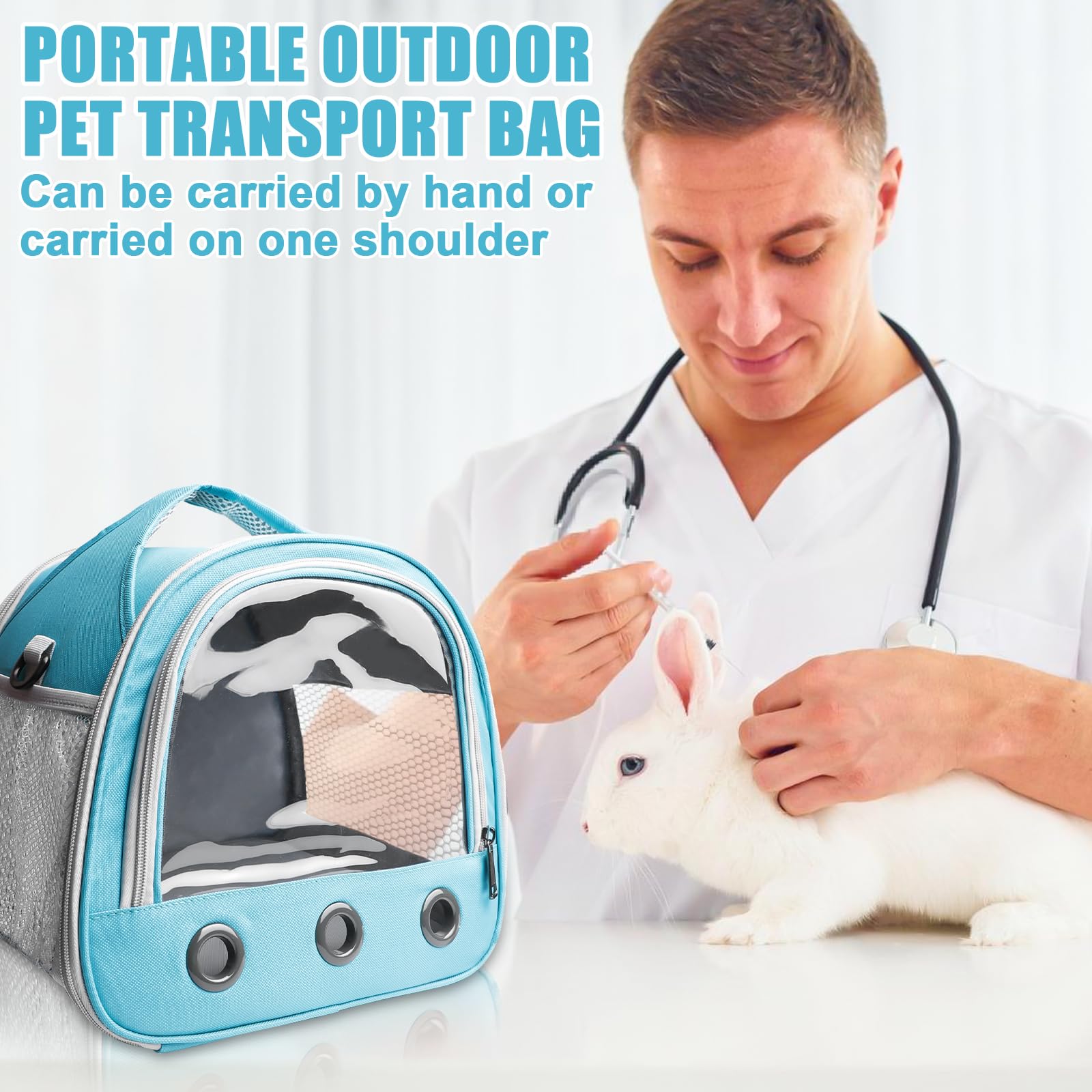 Caisse de Transport pour Lapin, 30x21x27cm - Sac de Transport pour Chat, Cochon d'Inde, Sac de Voyage Pliable pour Animaux avec Bretelle -Bleu