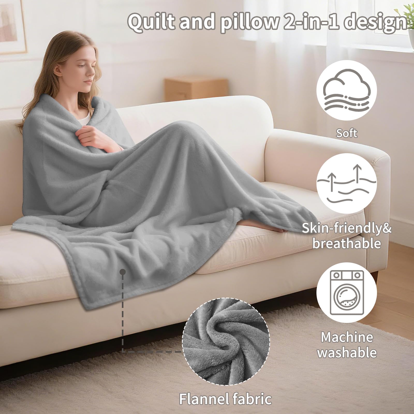 Couverture de Voyage 2 en 1 pour Avion,Voiture et Bureau Douce et Chaude Couverture et Oreiller de Voyage Portable avec Clip Sac à Dos pour Adultes,Enfants,Femmes,Hommes-Gris