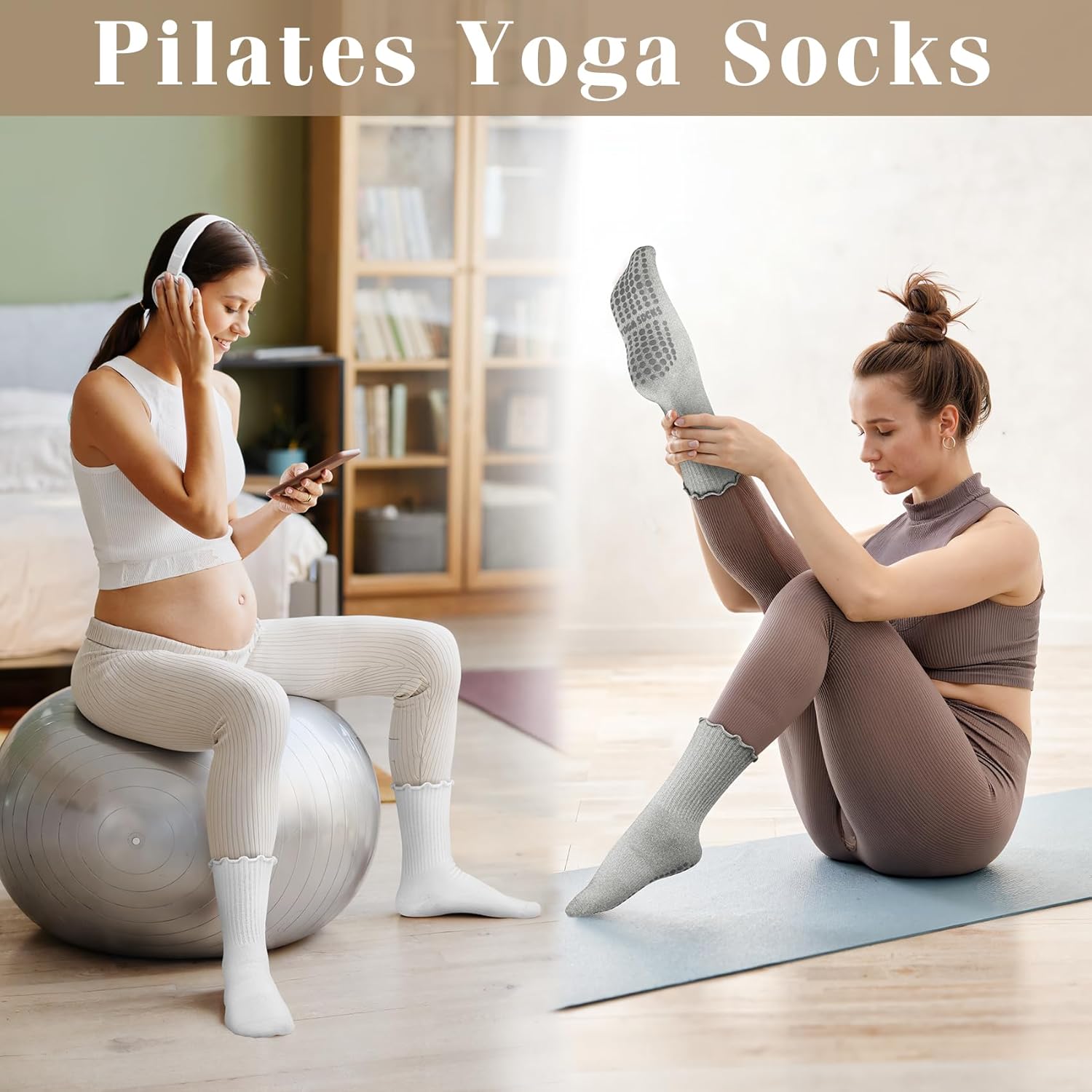 Justay 6 Pairs Womens Pilates Socks with Grips Crew Non Slip Ruffle Cotton for Athletic Workout Barre Hospital Yoga Socks - Image 6