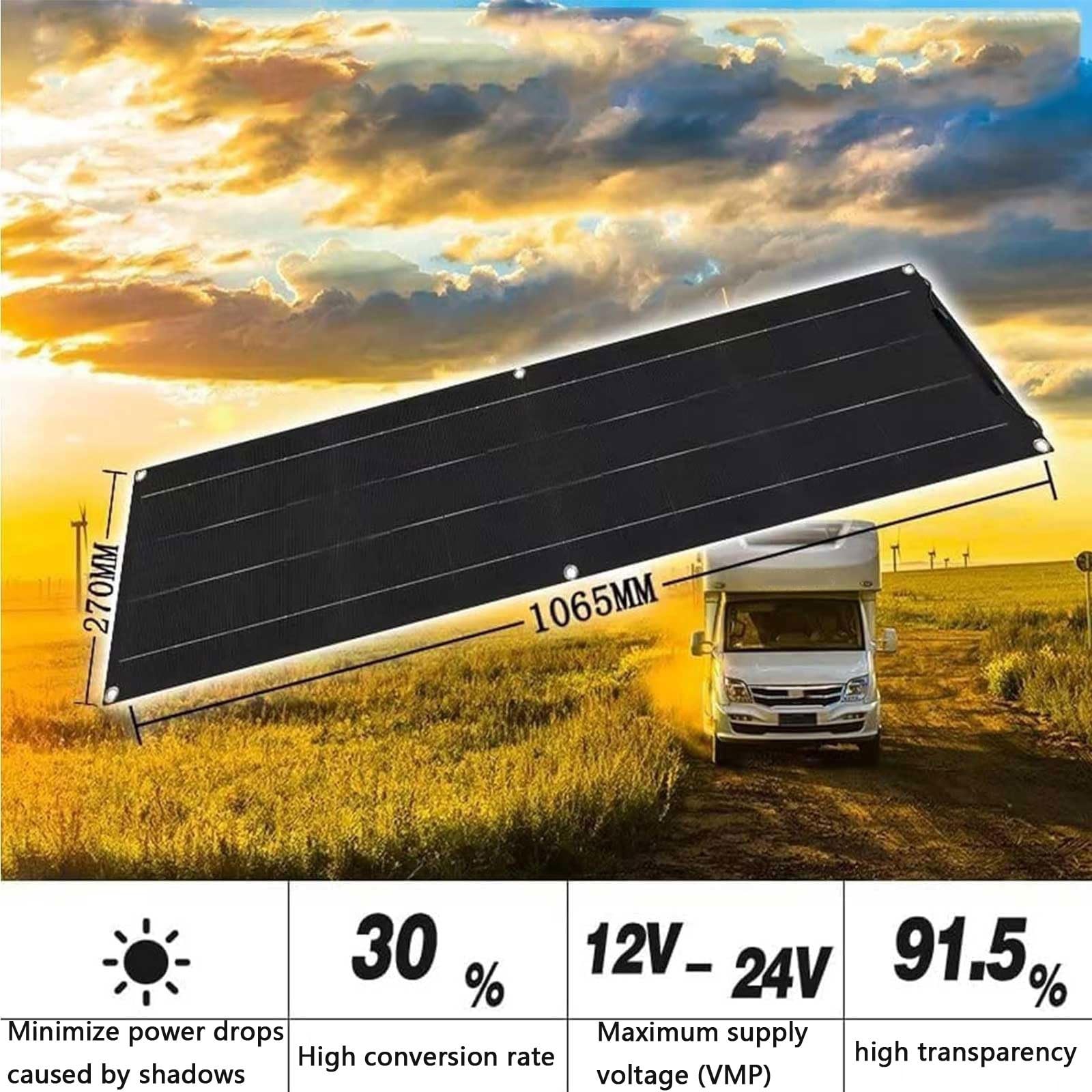Produktbild von Flexibles Solarpanel 360 W (2x 180 W) – Monokristallin, 23% Wirkungsgrad, Teilgeschnitten, IP65/IP67, 12/24/48 V – Für Wohnwagen, Boote, Dächer