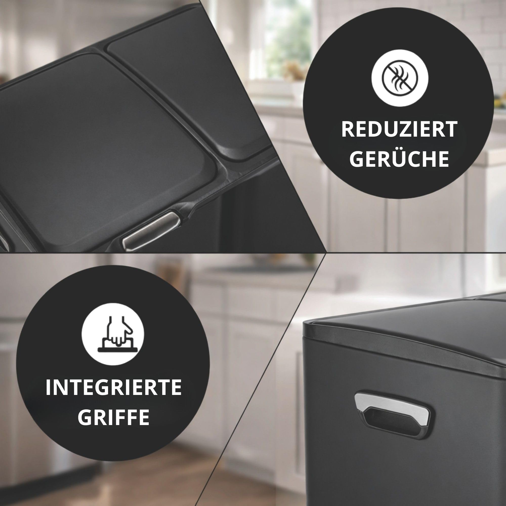 Bayt Mülleimer 3 Fächer - 60L Abfalleimer mit Mülltrennsystem | Edelstahl Mülleimer für Küche, Büro & Haushalt | Hygienischer Abfallbehälter mit Pedal (Schwarz)