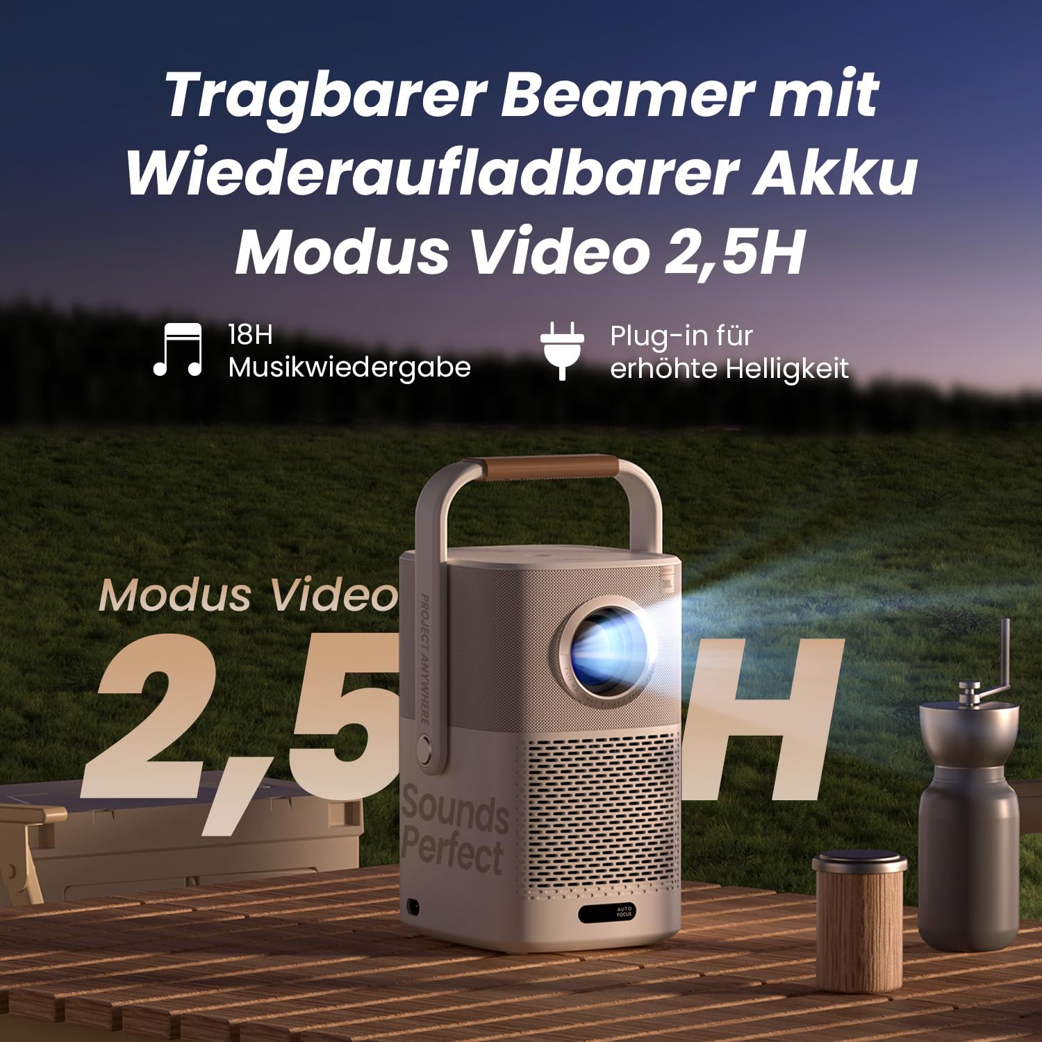 Yaber T2 Beamer mit JBL Sound & Integriertem Akku, Portable Projektor 1080P Native Full HD, 290 ISO Lumens WiFi6 Bluetooth, Outdoor Projector mit Autofokus/Auto Keystone (Looks Better Slogan)