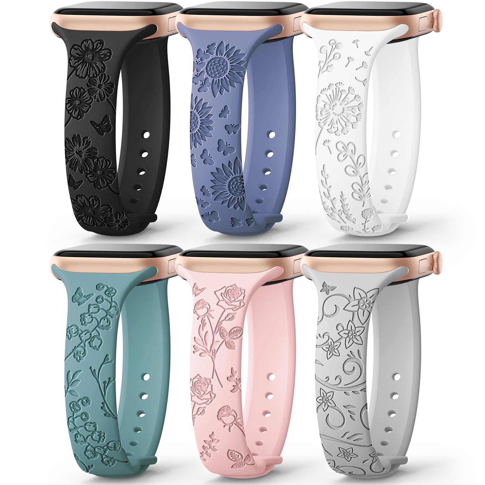 AMSKY 6 Pack Slim Floral Engraved Bands Compatible with Apple Watch Band 40mm 41mm 42mm 38mm 44mm 45mm 46mm 49mm for Women,Cute Silicone Sport Strap