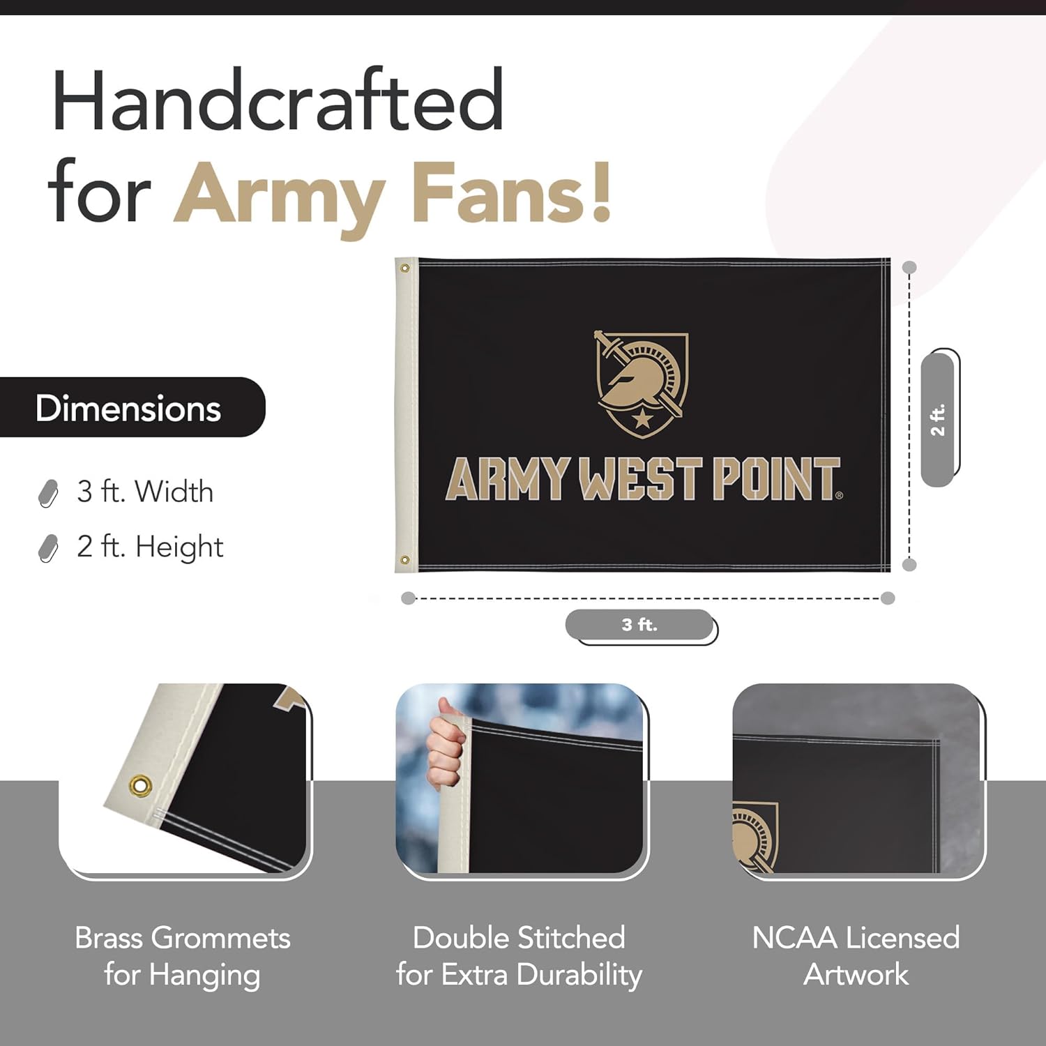Army Black Knights College Sports Printed Flag - NCAA Licensed - Nylon - School Banner (Gold, Black) (2' x 3')