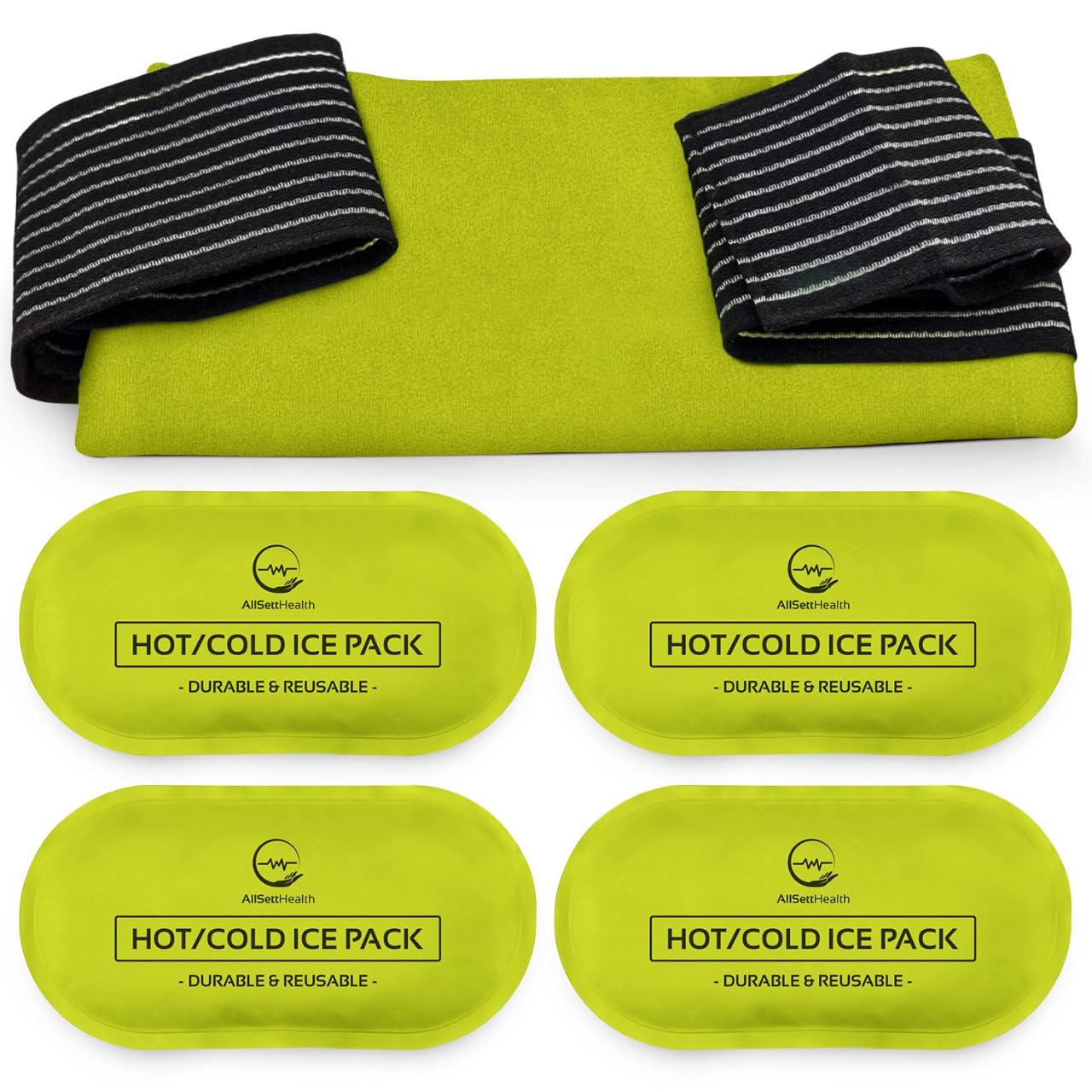 AllSett Health Reusable Hot and Cold Gel Ice Pack Wrap (4 Pack) for Injuries | Adjustable & Flexible for Knees, Back, Shoulders, Arms, and Legs – Reusable