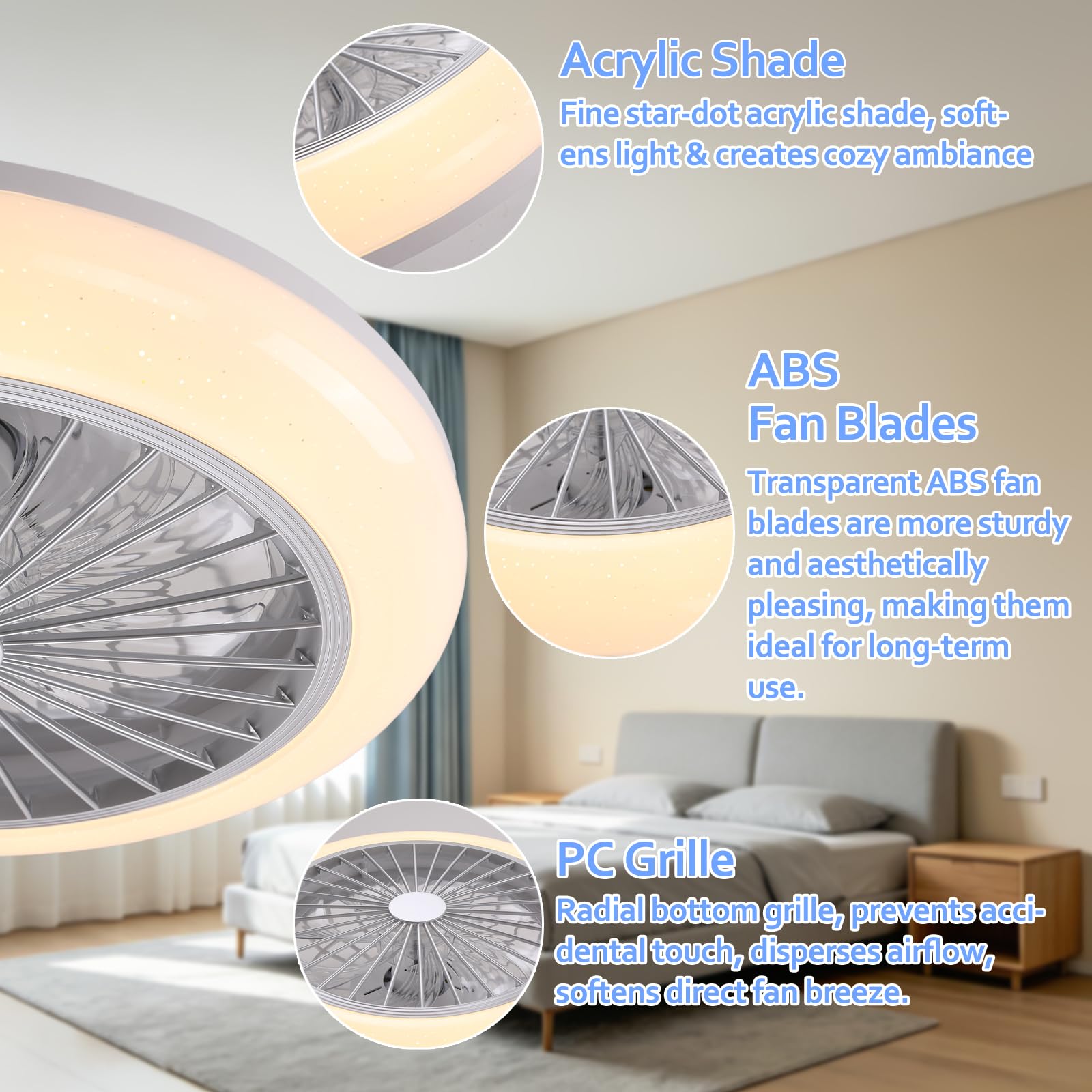 Deckenventilator mit Beleuchtung RGB 45cm Schlafzimmer, mit Lautsprecher | Fernbedienung und APP, Dimmbar, 6 Windstufen Reversibel, Leise, Timer