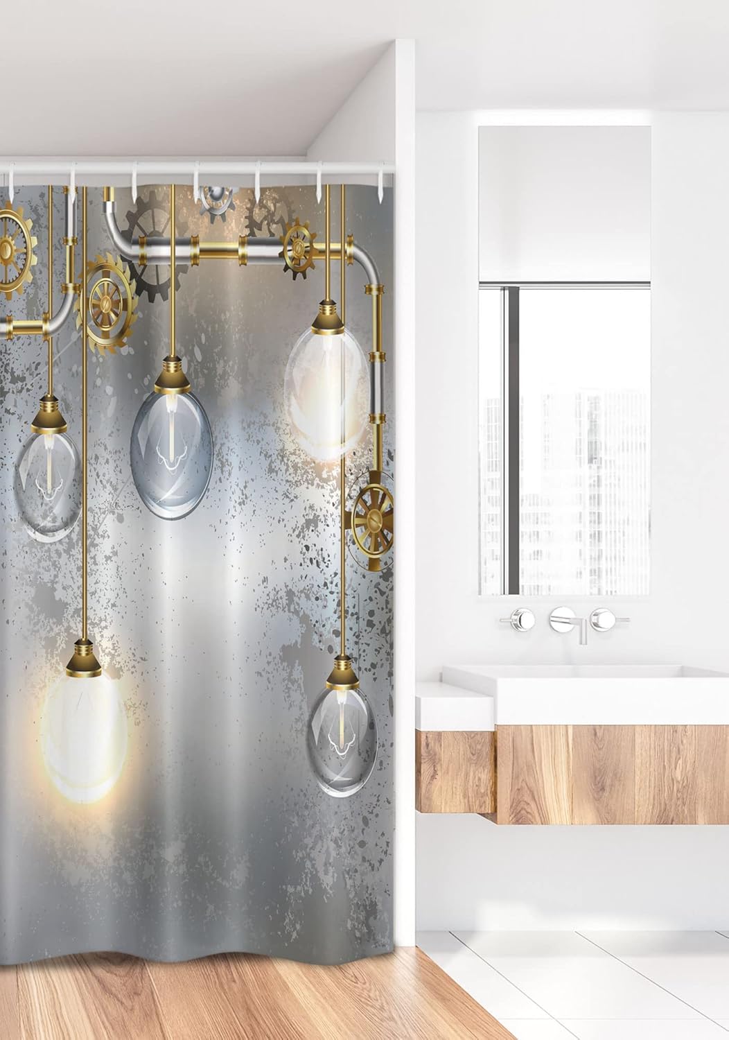 Ambesonne Industrial Stall Shower Curtain, Steampunk Style Antique Composition Brass Fastening Round Print, Fabric Bathroom Decor Set with Hooks, 36" W x 72" L, Gold Grey