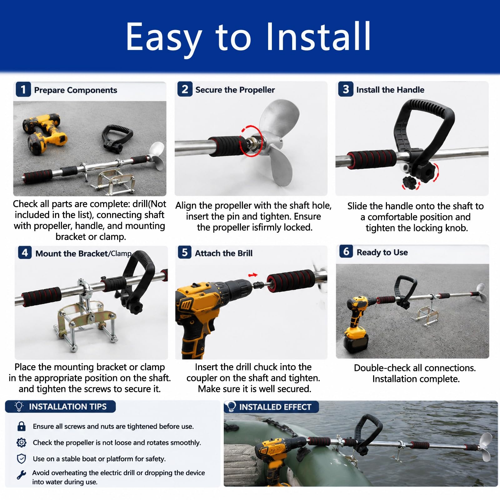 Motor Fueraborda Hélice Taladro Manual Barco, Kit Motor Emergencia balsa con Soporte, Motor direccional para Kayak Jon Boat