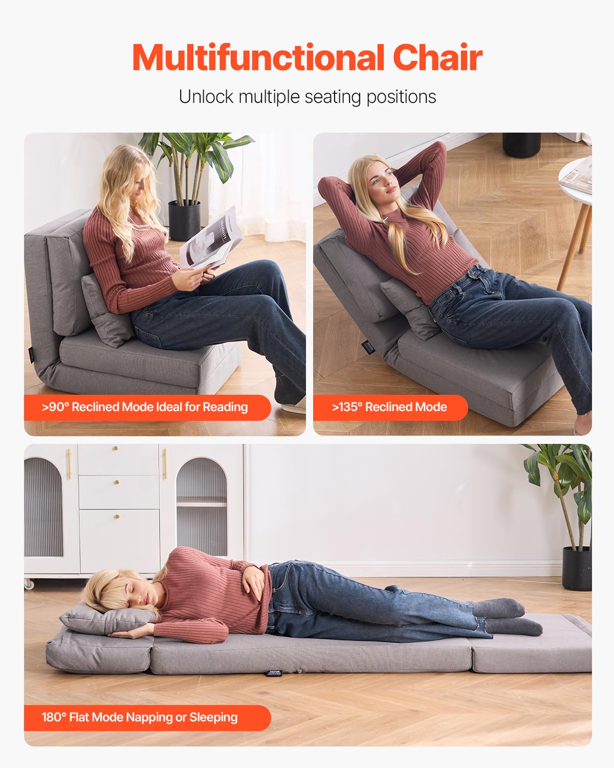 VEVOR Chaise de Sol Pliante, Fauteuil de Sol à 5 Positions réglables, canapé-lit rembourré Pliable avec Dossier réglable, Cadre en métal et Oreiller, Fauteuil Convertible pour Salon, Chambre, Gris