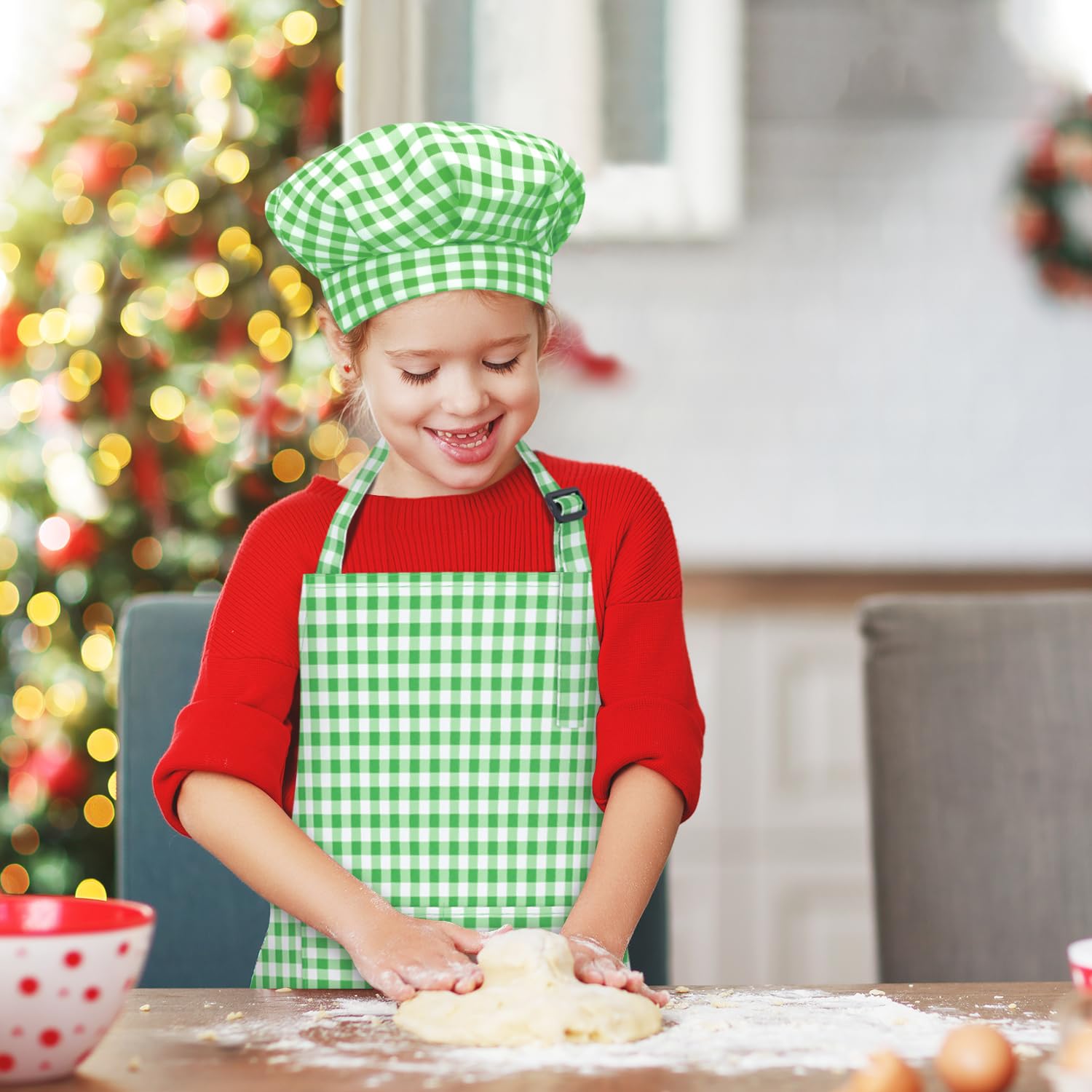 TOPWAYS Grid Kids Apron and Chef Hat Set, Adjustable Check Child Chef Aprons with 2 Pockets - Image 2
