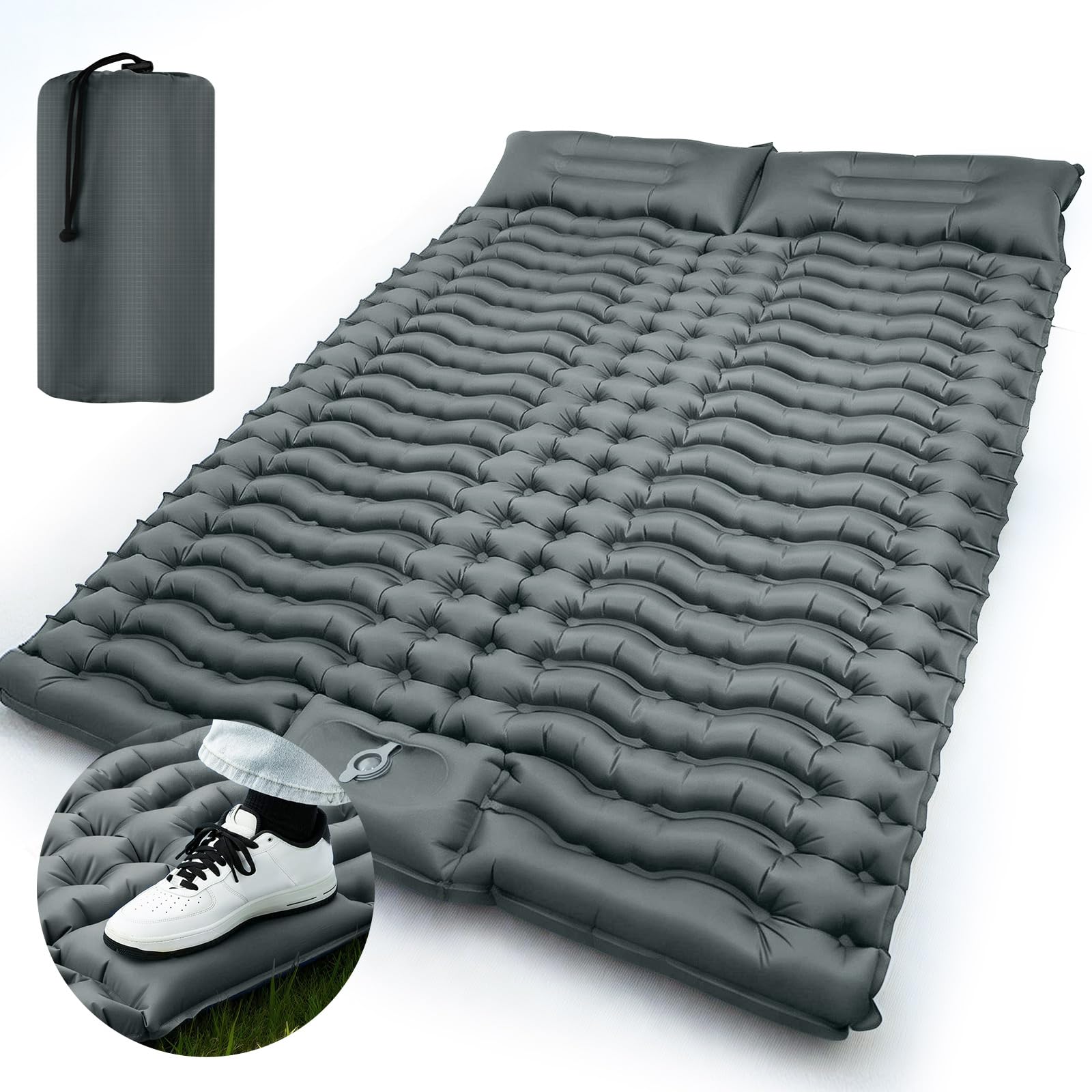 Nsyee Self Inflating Camping Mat, 10cm Thick Double Camping Bed, Sleeping Mat for Camping with Built-in Foot Pump, 2 Person Portable Inflatable Sleeping Pad for Outdoor Camping, Tents -Gray, 200*140cm